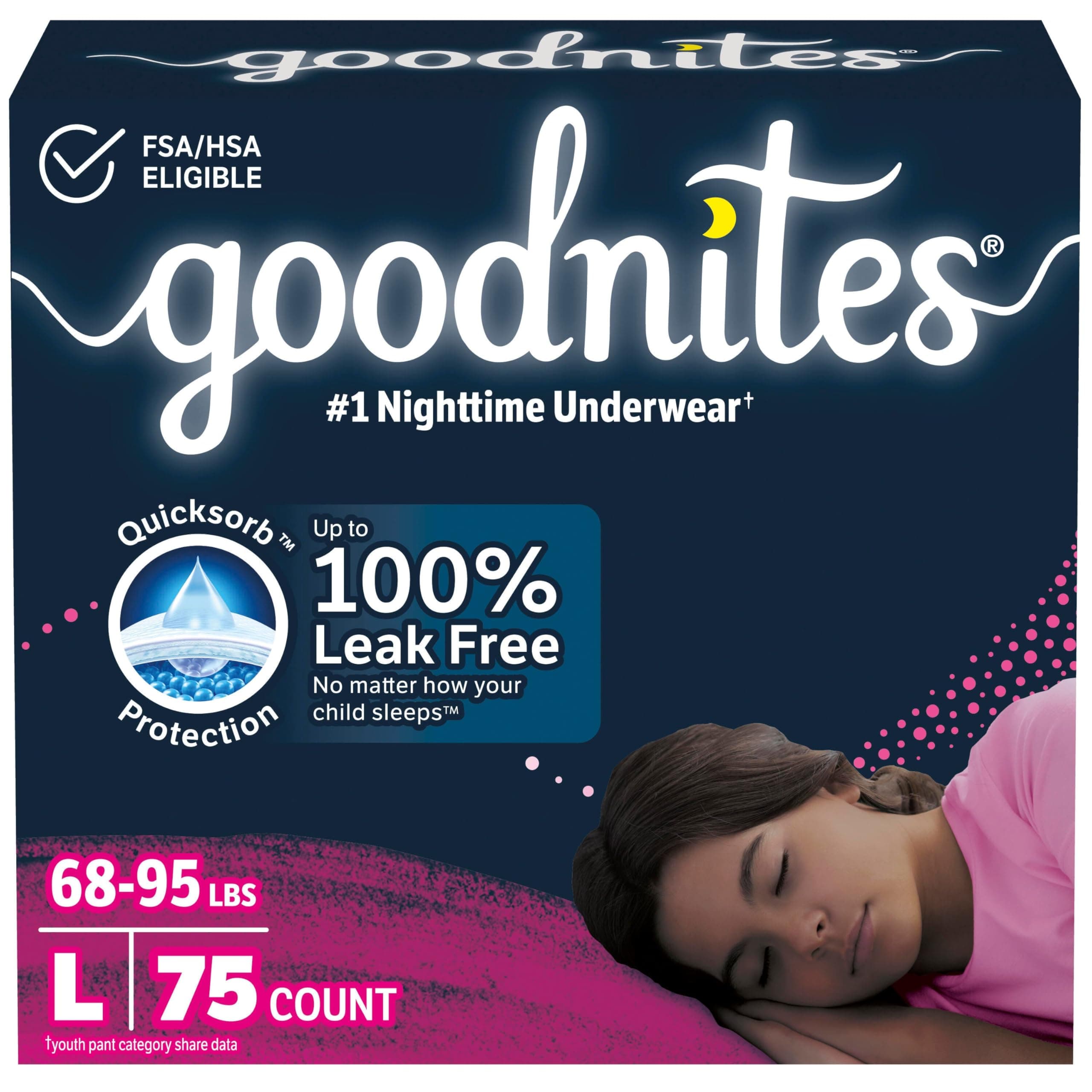 Nighttime Bedwetting Underwear, Girls' L (68-95 lb.), 75 Ct