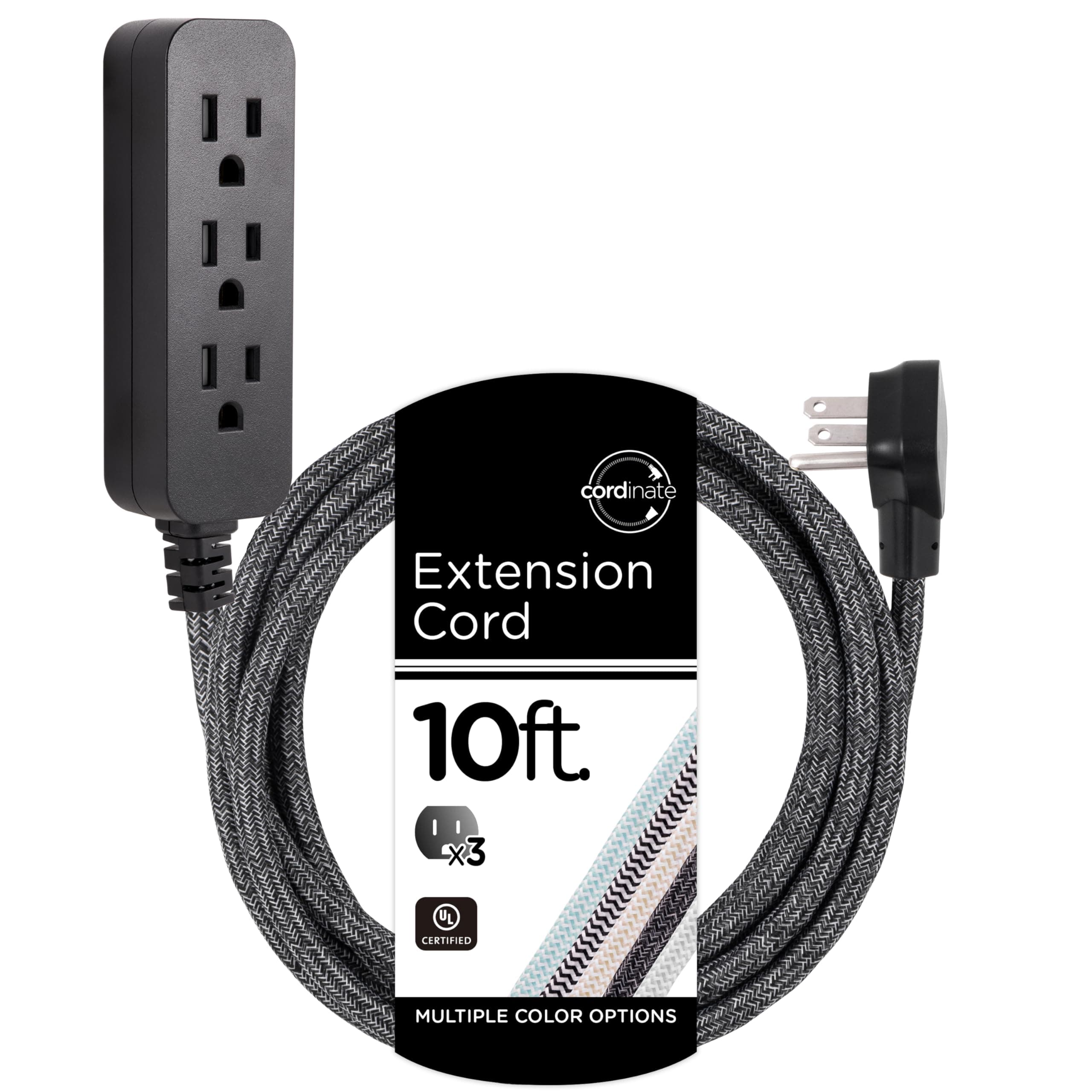 3 Outlet Power Strip Surge Protector Indoor Extension Cord 16 Gauge 245 Joules 10 Ft 3 Prong Braided Extension Cords Flat Extension Cord ETL Listed Gray 43013