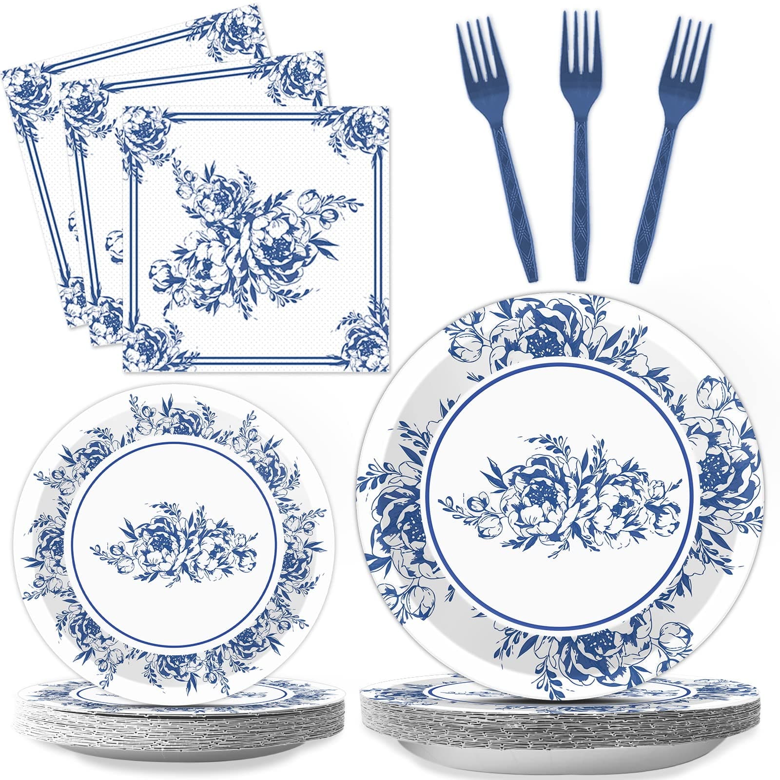 Wiooffen 96 PCS Blue and White Floral Tableware Set Summer Disposable Party Plates Napkins Supplies for Bridal Birthday Baby Shower Tea Party Dinnerware Decor Serve 24