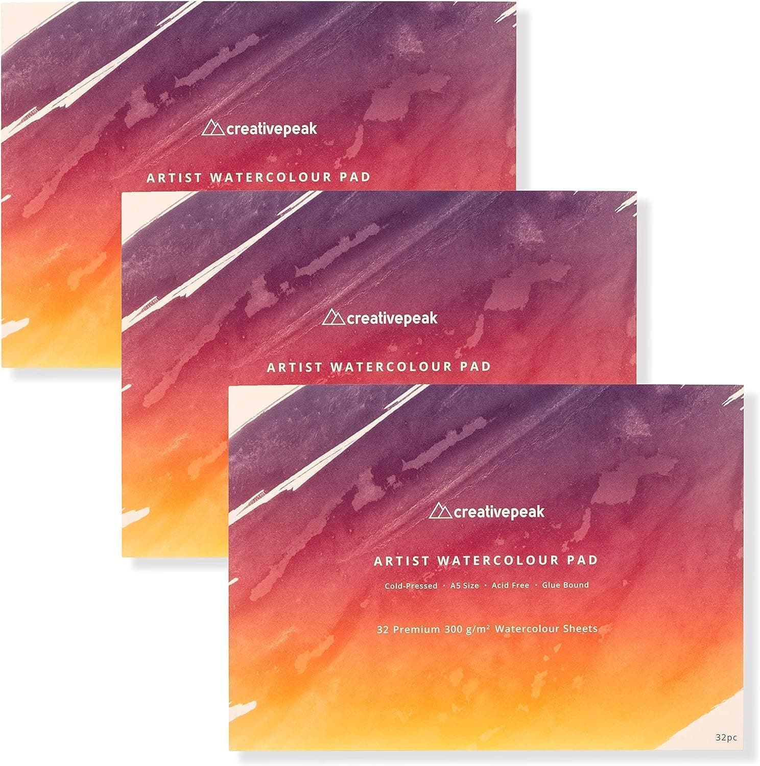 Watercolour Paper Painting Pad (96 Sheets, A5 Size (14.8x21cm), 3 PK) Premium 300 GSM Thick Professional Sketchbook for Mixed Media, Smooth & Slightly Textured Minimizes Bleeding by CreativePeak