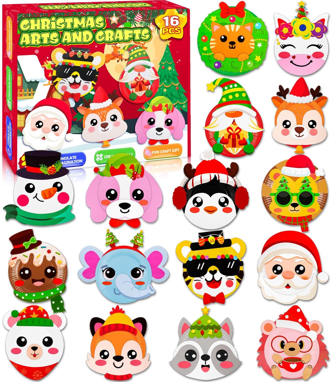 16 Pack Christmas Arts and Crafts for Kids Toddler Christmas Animal Paper Plate Art Kit Gifts for 3 4 5 6 Year Old DIY Kids Crafts for Christmas Stocking Stuffers Classroom Activities Games