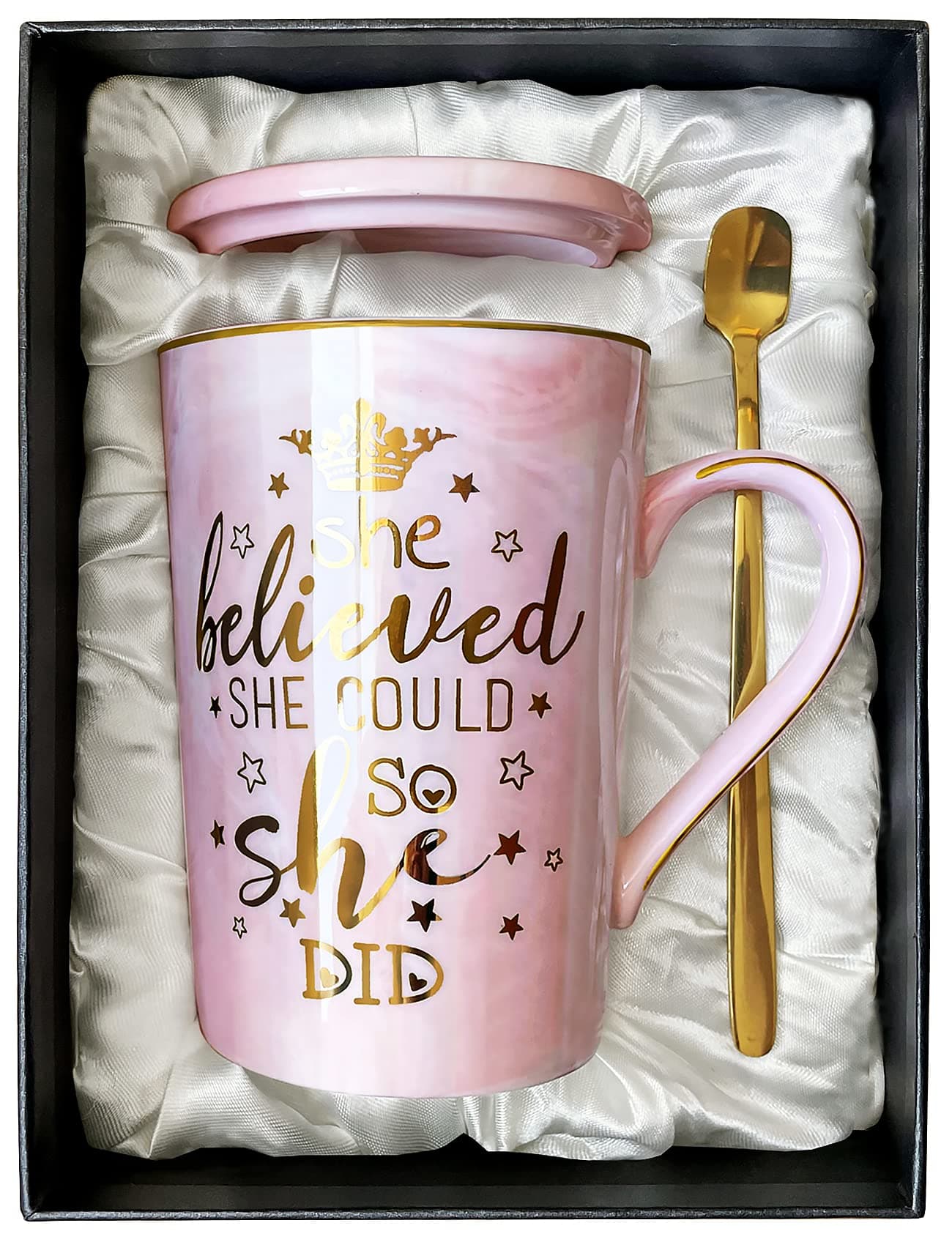 Gifts for Her, Graduation Gifts for Women, Congratulations Gift for Women, Friends, Sisters, She Believed She Could So She Did Mug, 14oz Marble Coffee Mug with Spoon Lid Card Gift Box