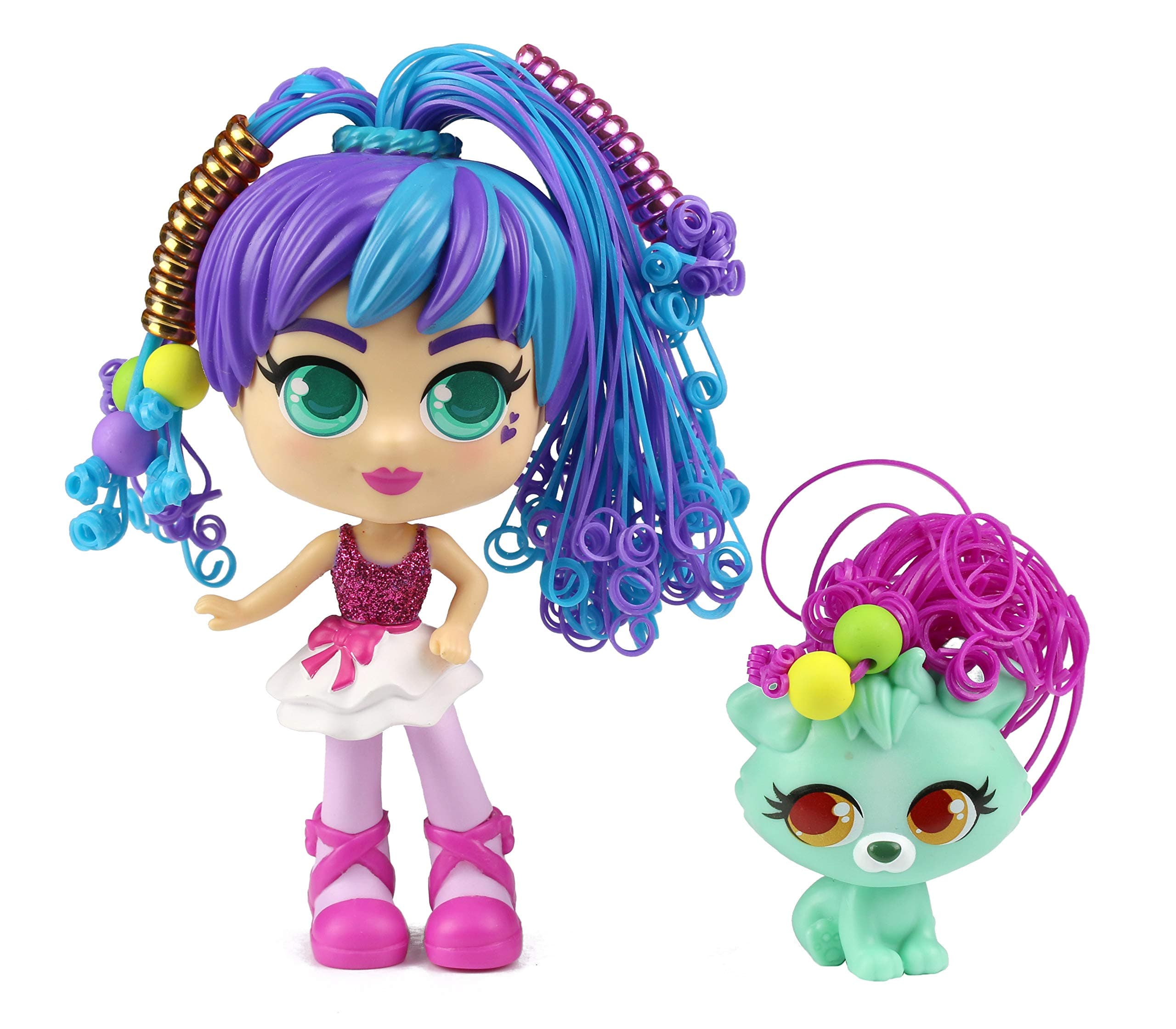 CURLIGIRLS 82098 Rosli & Koda - Magic Hair for Infinite Hairstyles - Gift for Girls - Includes Accessories - Doll 15 cm - Animal 6 cm