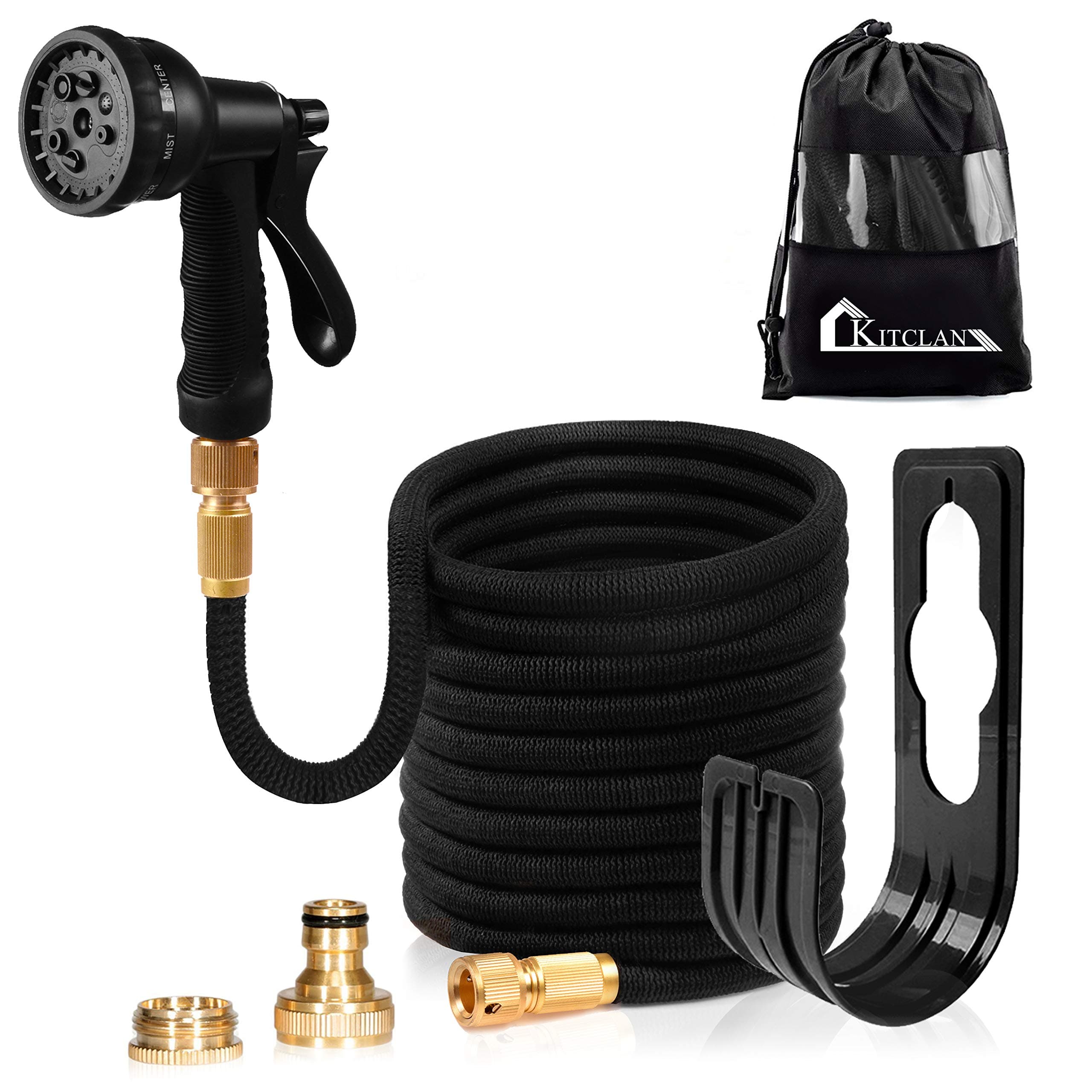Expanding Garden Hose Pipe - Kitclan 100ft Expandable Stretch Hosepipe with Solid Brass Connector, Latex Water Hose with 8 Pattern Spray Nozzle for Car Washing, Garden Watering, Cleaning Yards and Showering Pets, Black