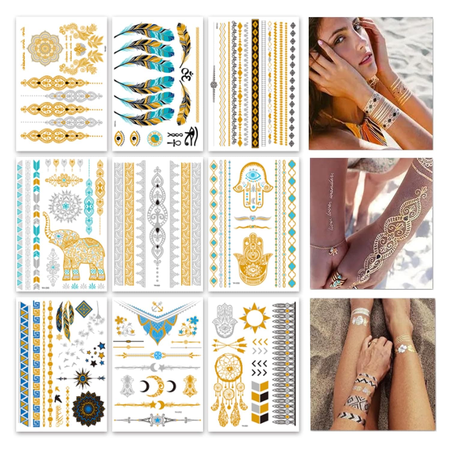 GICUNK 12 Sheets 110+ Metallic Temporary Tattoos for Adult Women Girls Tattoos Gold Silver Glitter Flash Waterproof Tattoo Stickers for Beach, Festivals, & Parties