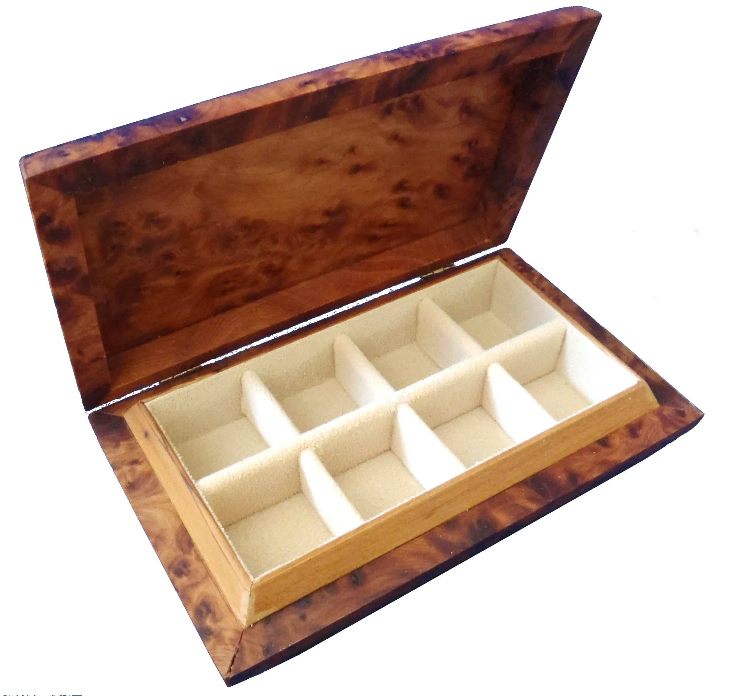 Wooden Handmade Jewellery Box Cufflink Earring Trinket Organiser Curved Edge Design 8 Compartments Cream Velvet Lined