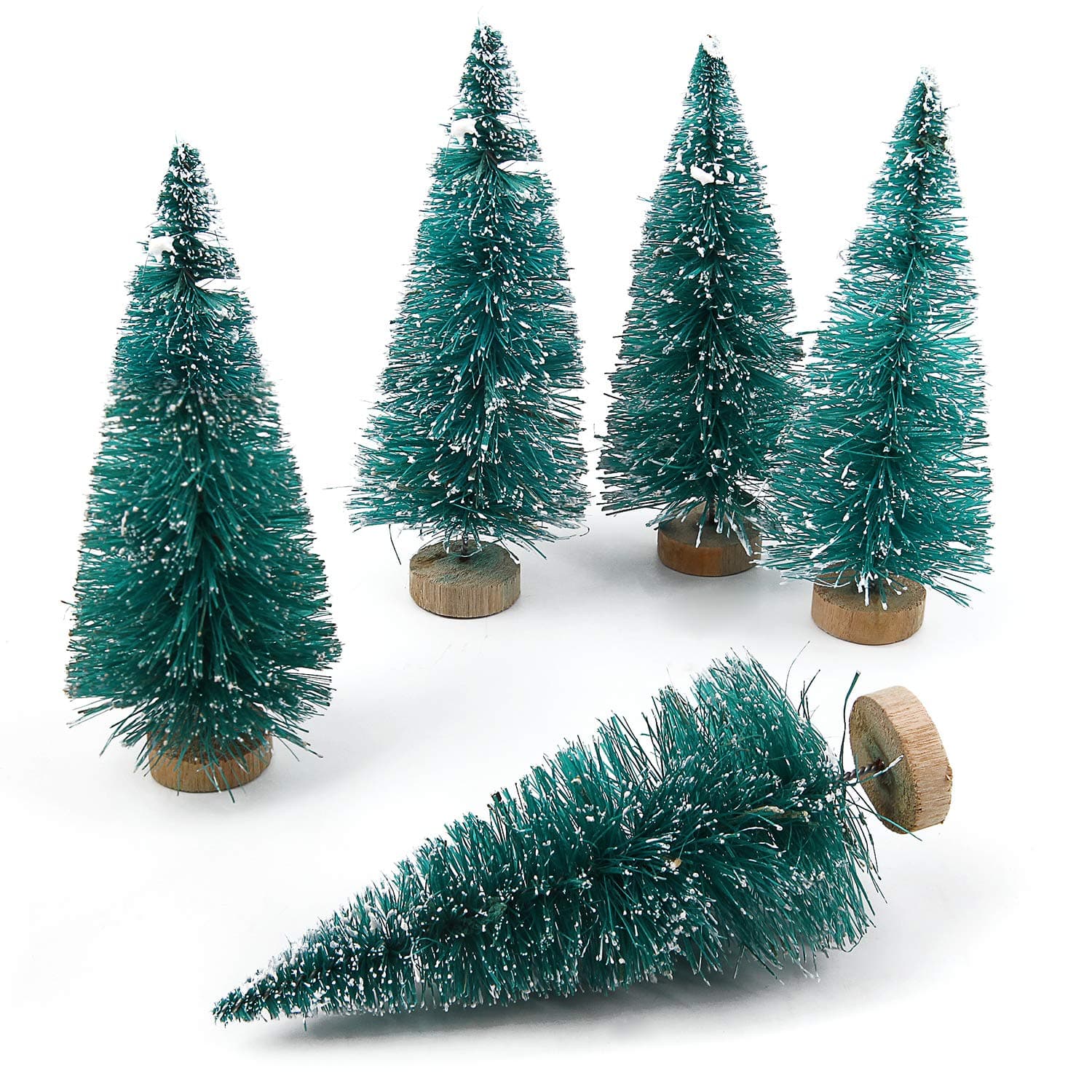 ILOVEDIY 5pcs Artificial Mini Christmas Tree Sisal Snow Frost Ornaments with Wooden Base for Christmas Party Home Decoration (Blue, 8.5cm)