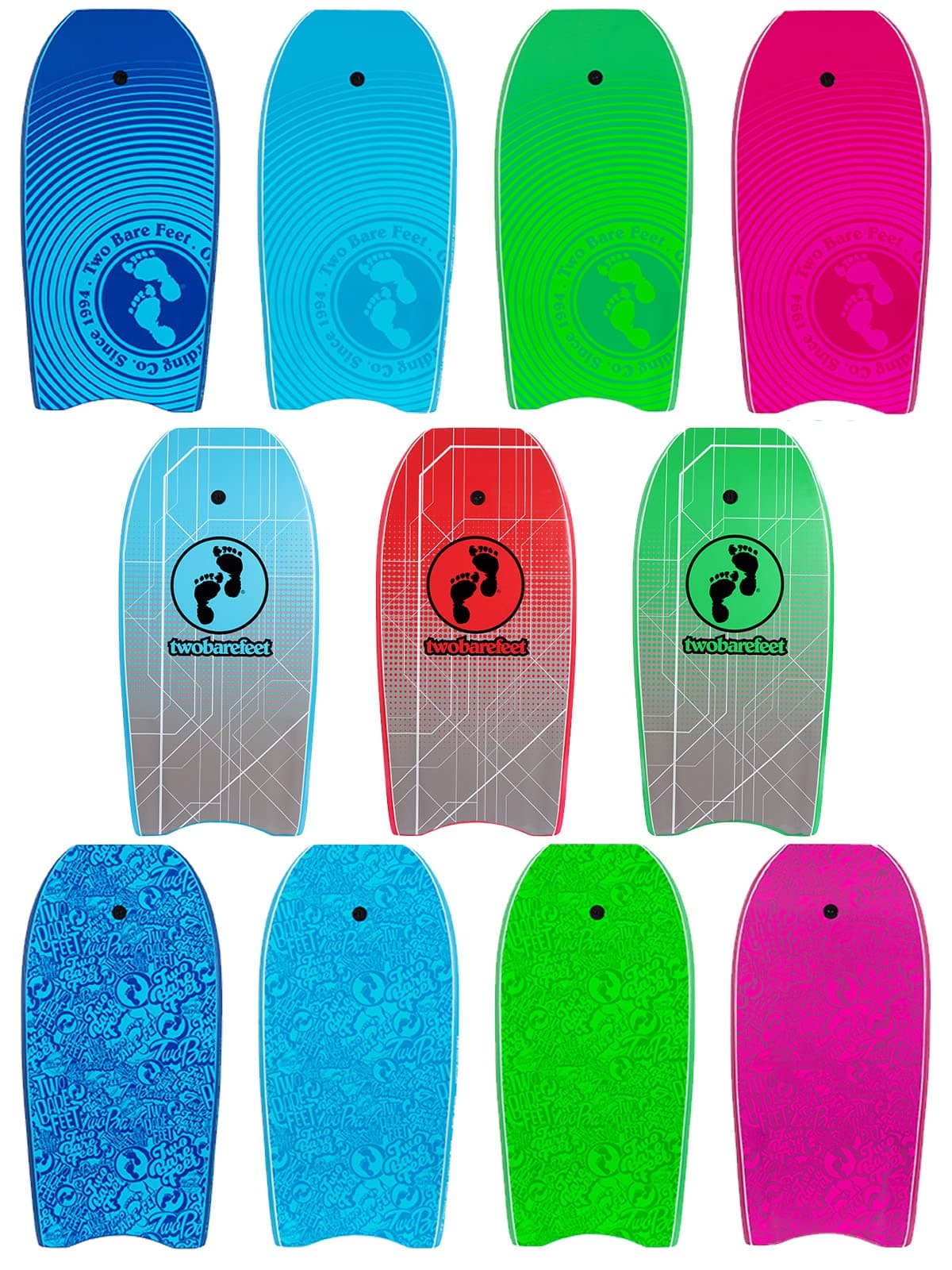 Two Bare Feet 44" Bodyboard with Leash - Adult's Boogie Board IXPE + EVA Core + Slick Bottom