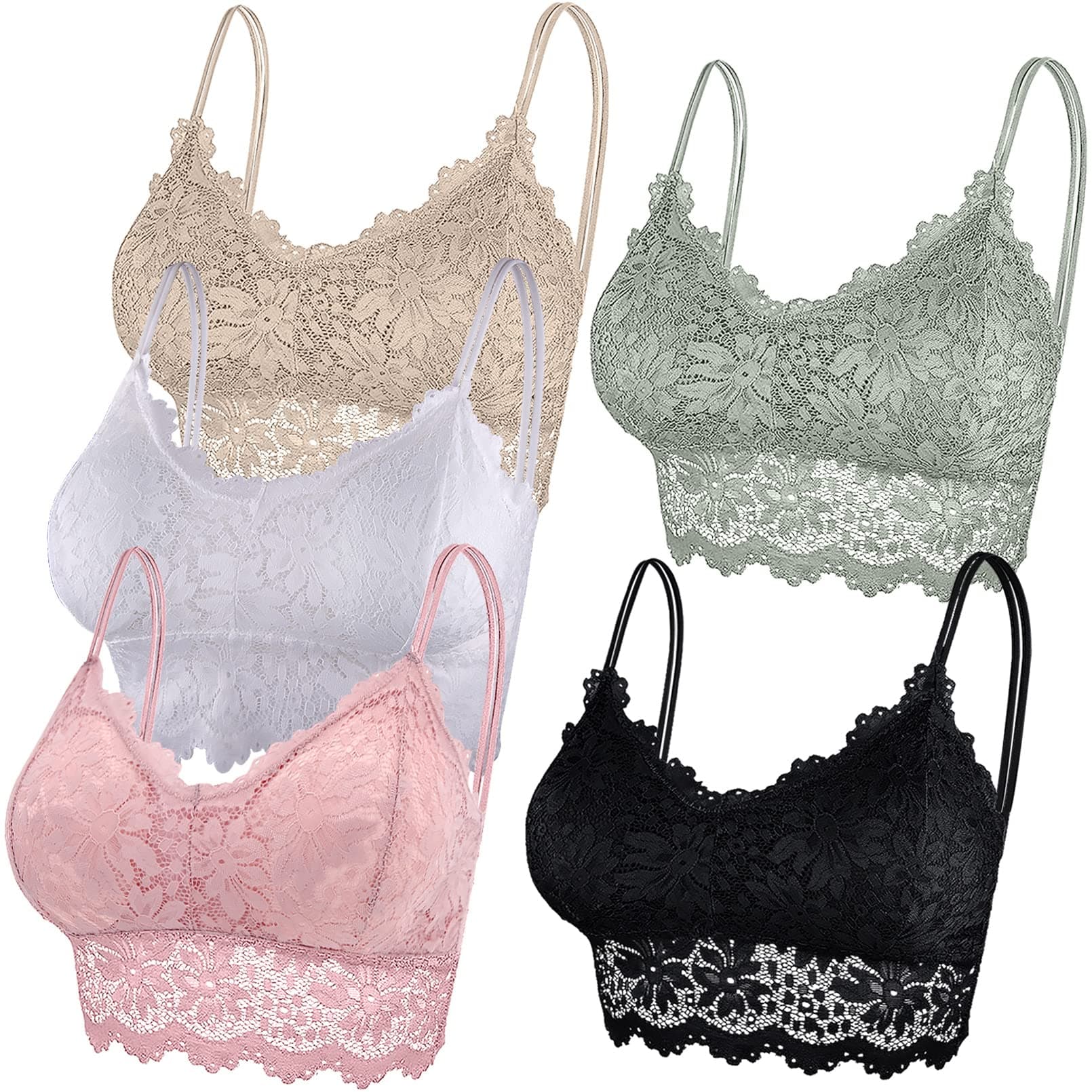 Duufin 5 Pieces Bralette Lace Padded Bralette Lace Bandeau Bra Tube Bra Lace Top with Straps and Removable Pads for Women Girls