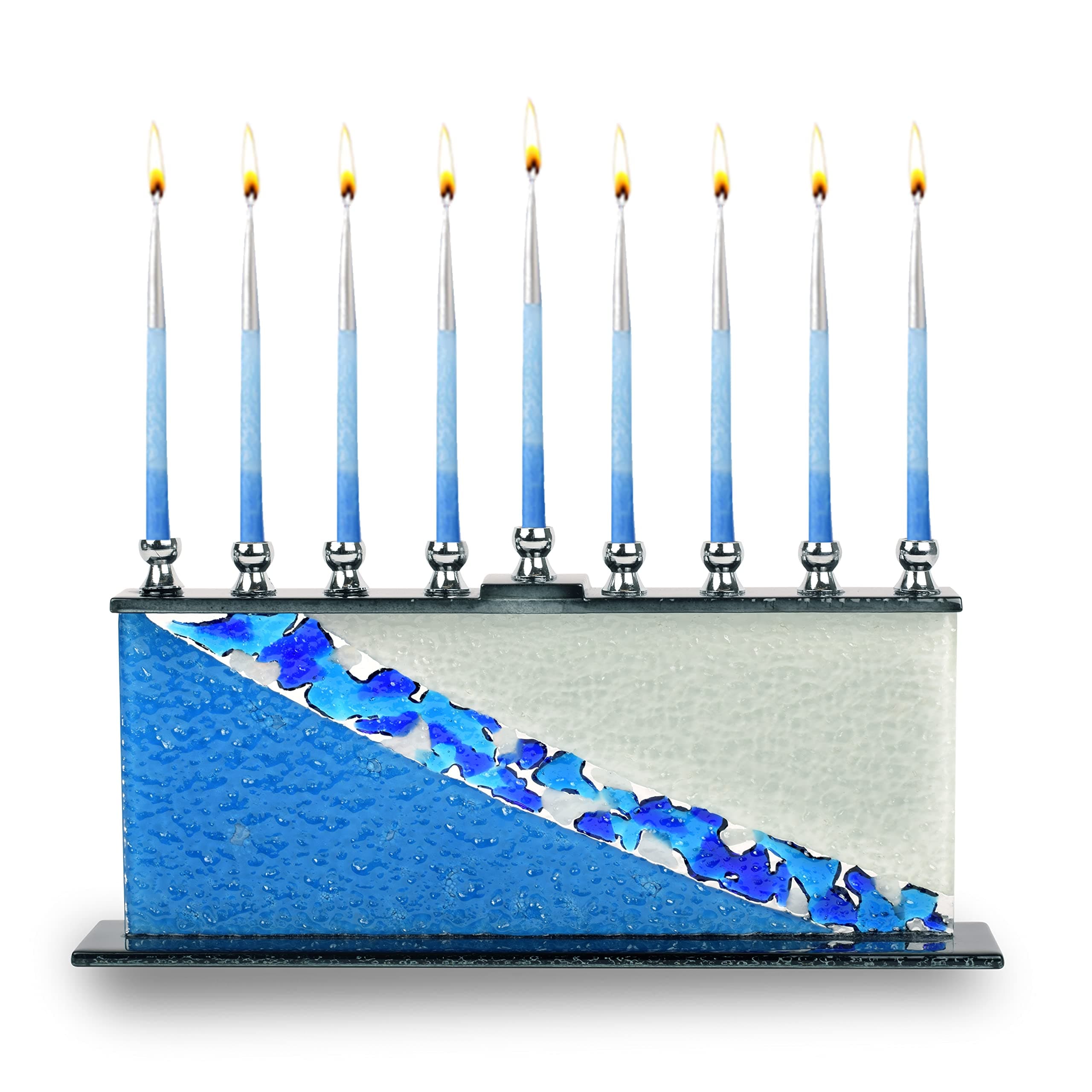 Ner MitzvahGlass Hanukkah Menorah - Blue & White Stones - Handcrafted Painted Glass - Fits Standard Chanukah Candles