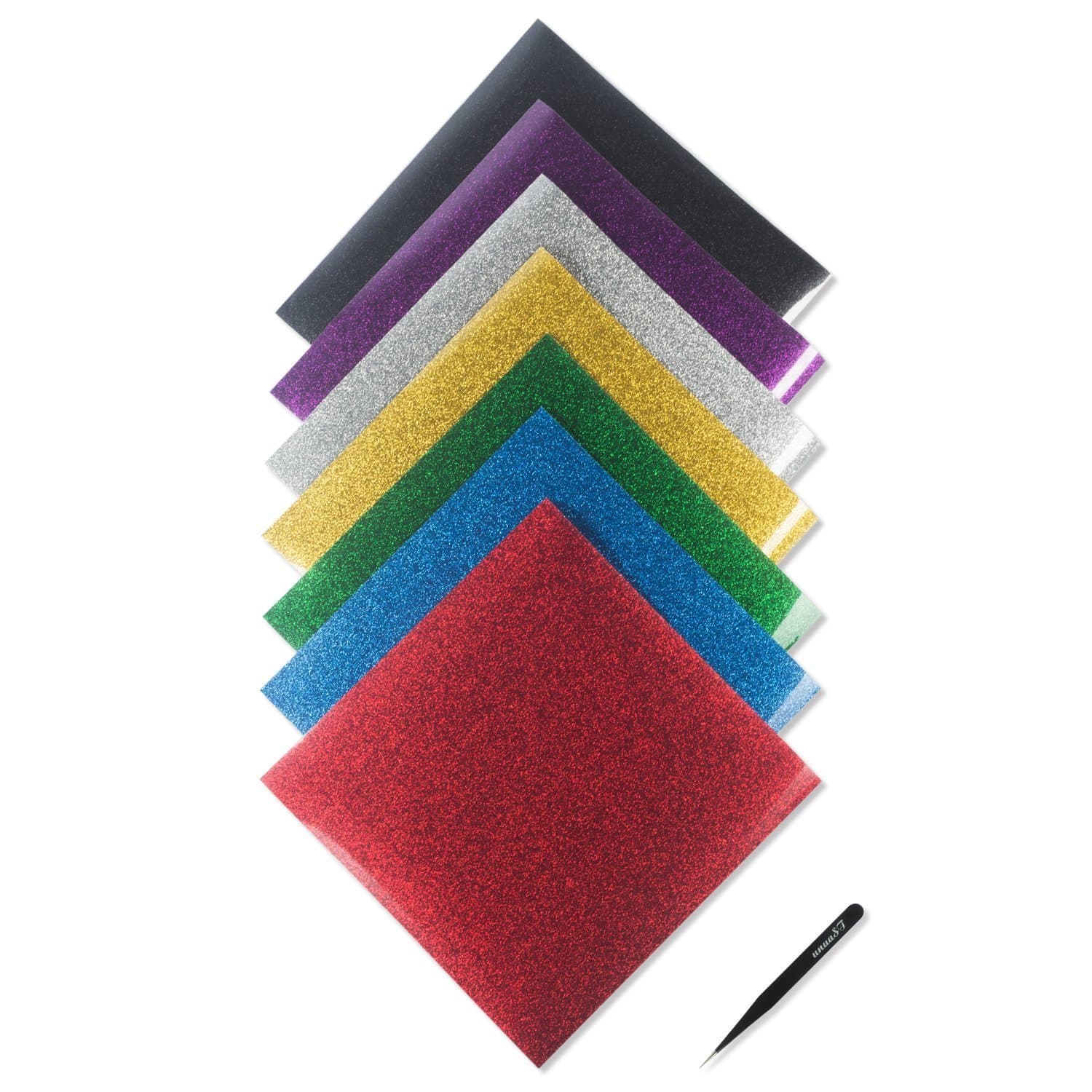 Glitter Heat Transfer Vinyl HTV bundle- 7 Pack Iron On Glitter Vinyl for T-Shirts- BONUS 1 Weeding Tweezers-Heat Press vinyl for Silhouette Cameo & Cricut