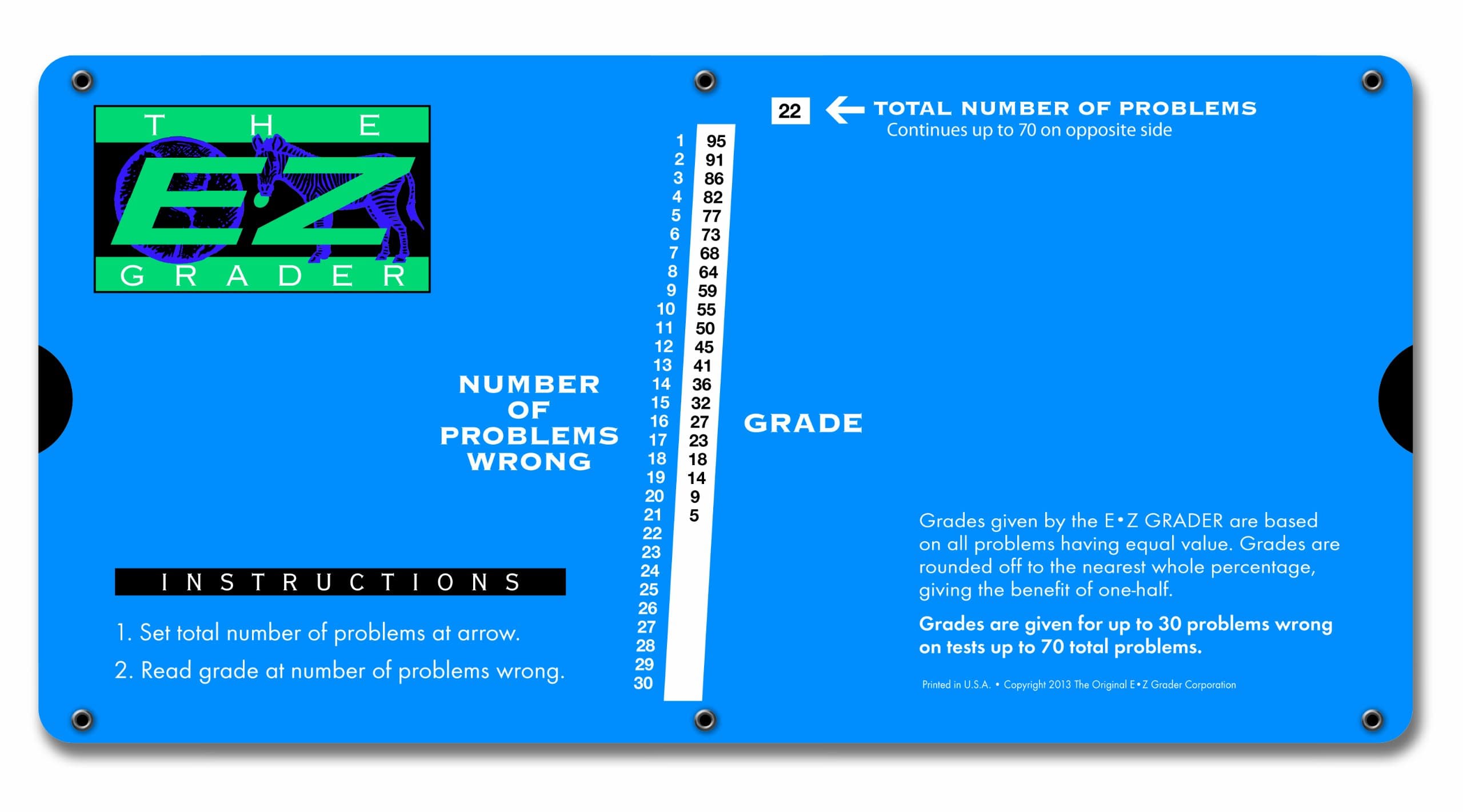 7200 Large Print E-Z Grader, Educational Grading Chart, Computes Percentage Scores Up to 70 Questions, 10" x 5", Royal Blue