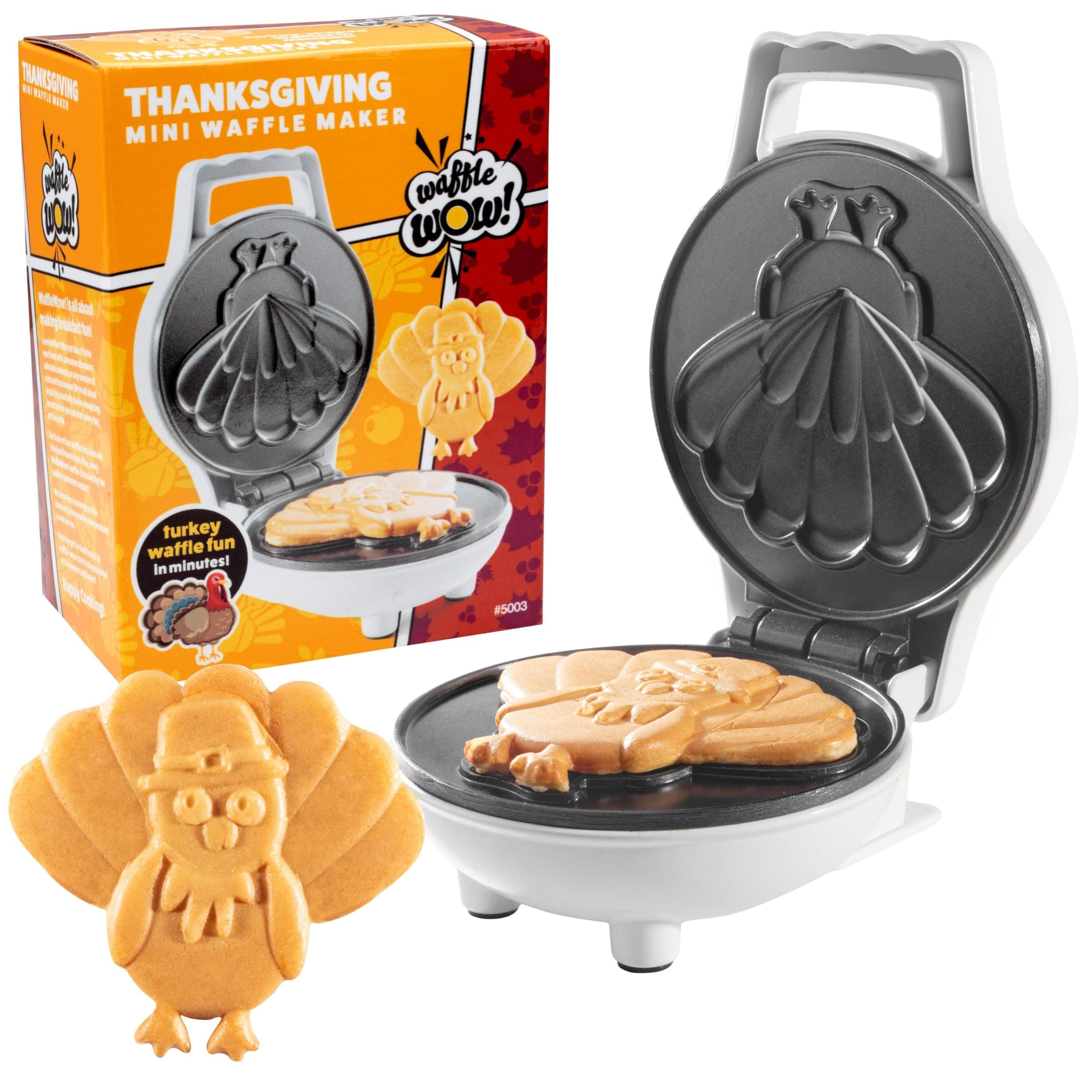 Thanksgiving Turkey Mini Waffle Maker- Make Holiday Breakfast Special for Kids, Adults w Cute Design, 4" Waffler Iron Electric Nonstick Appliance- Fun Festive Fall Gift Dessert, Friendsgiving Brunch