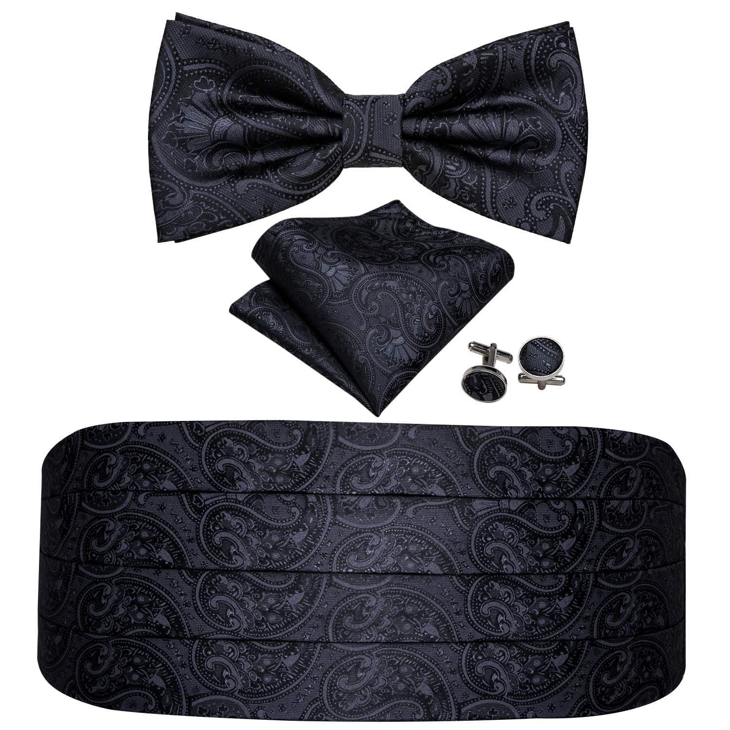 Cummerbund Bow Tie Set for Men, Silk Cummerbund Pretied Bow Tie Pocket Square Cufflinks