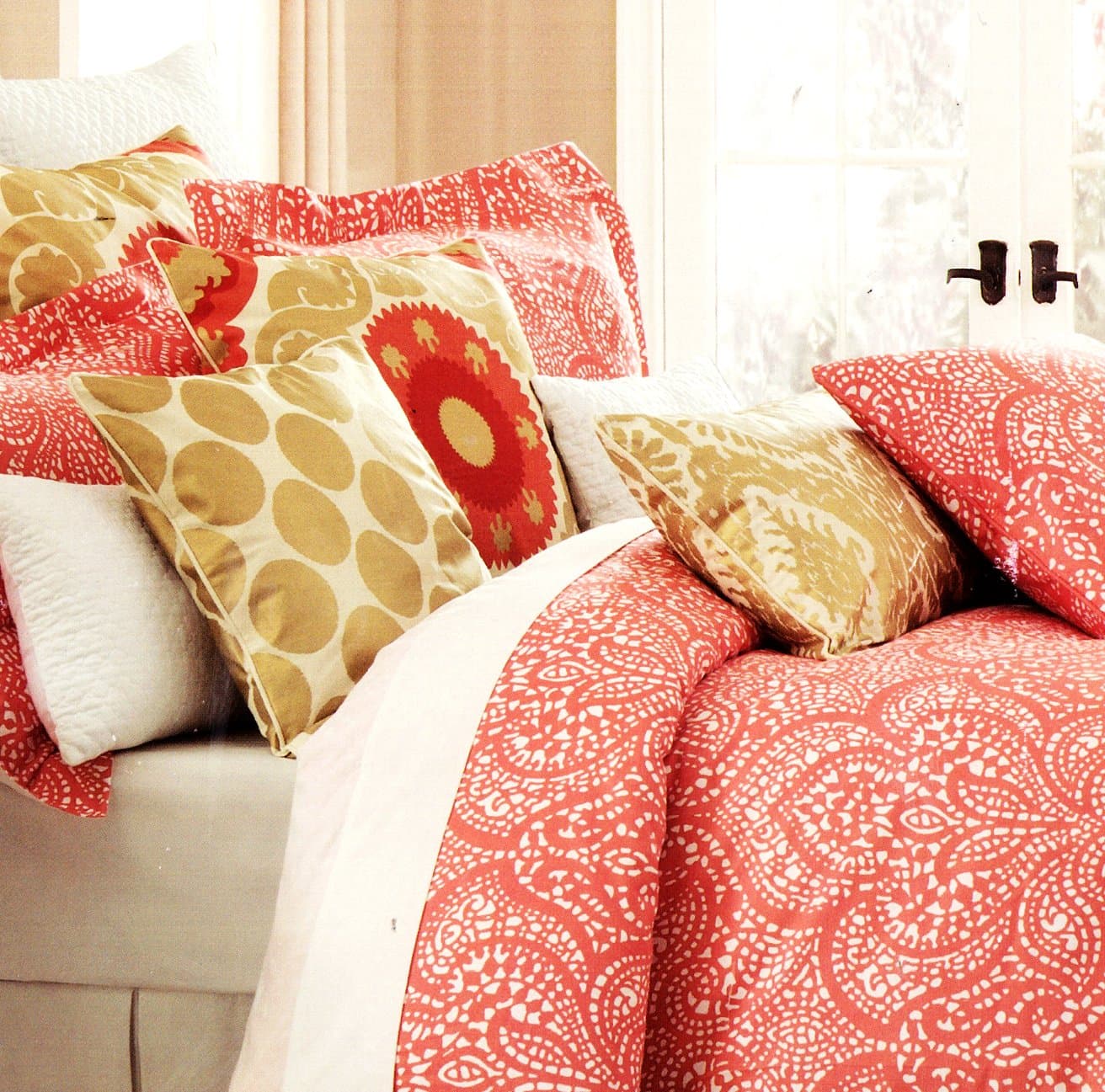 Cynthia Rowley 3pc Full Queen Cotton Duvet Cover Set Coral Red Moroccan Medallion Lace Paisley