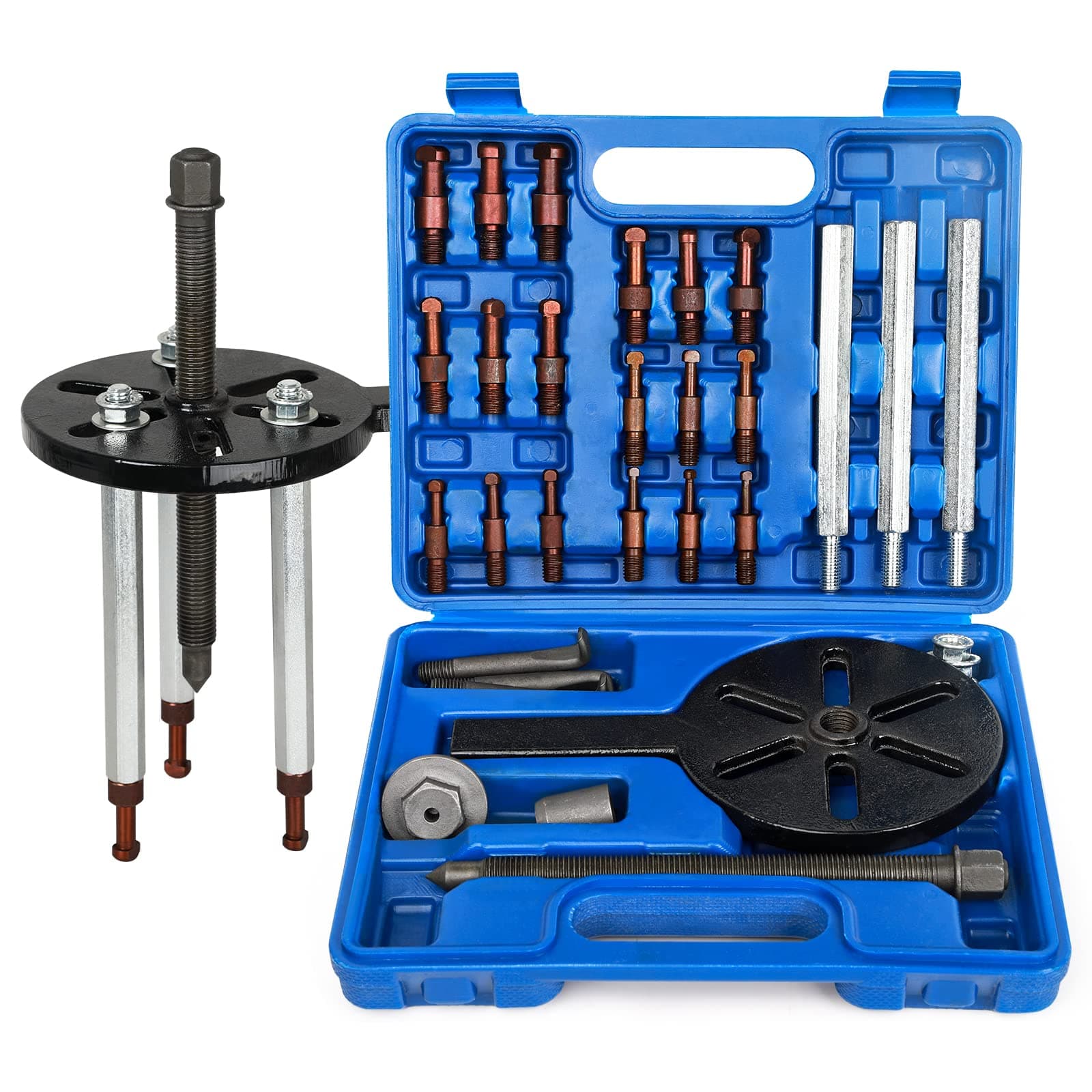 21 in1 Bearing Puller, Bearing Puller Set, Inner Hole Three-Jaw Puller, with Curved Hook and Red Steel Collet Multifunctional Bearing Removal Tool, with Heavy Duty Portable Storage Case Blue