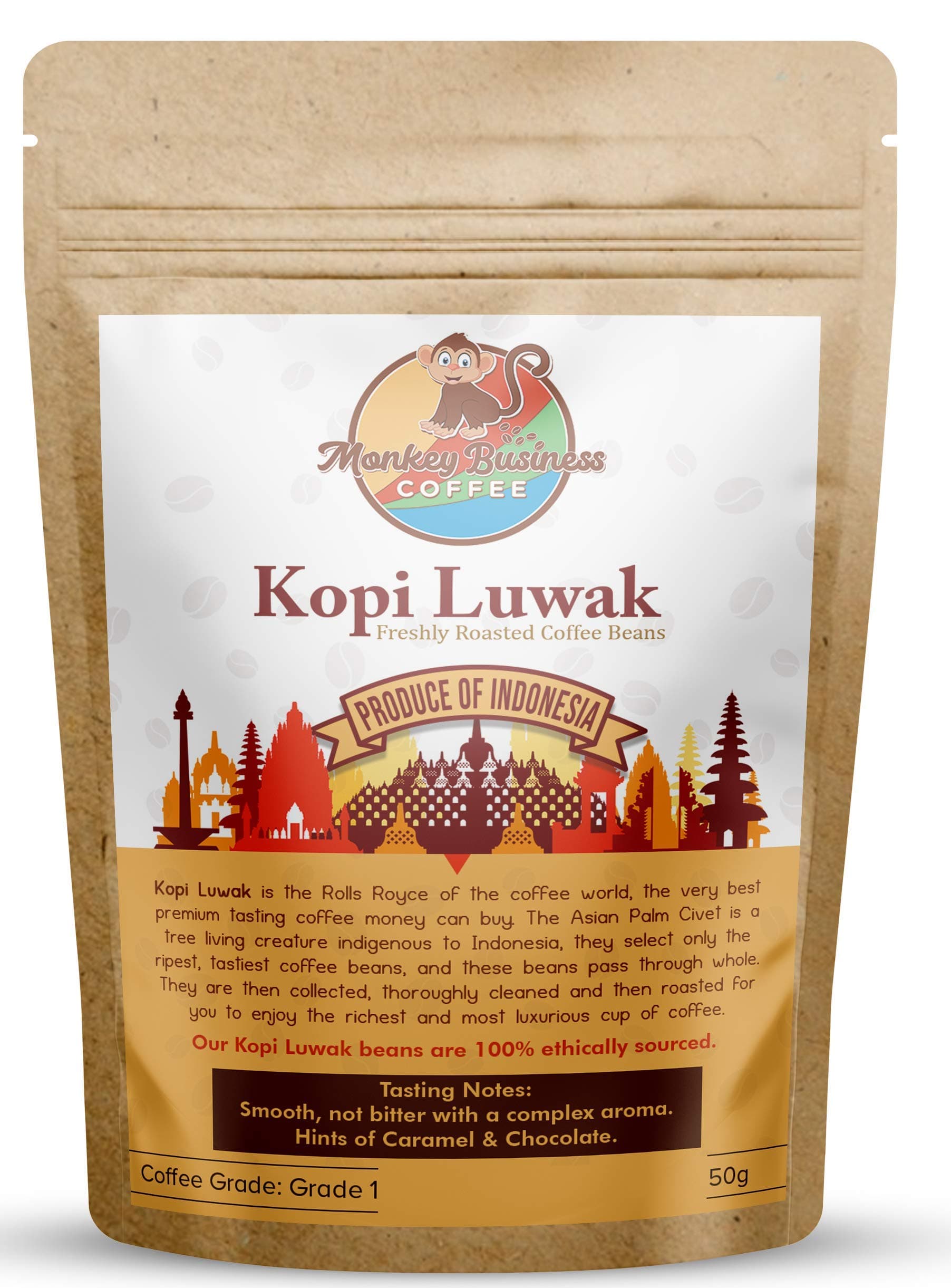 Wild Kopi Luwak Coffee Whole Beans - Ethically Sourced - 50 Grams (Other Weights & Bean Types Available) - Produce of Indonesia