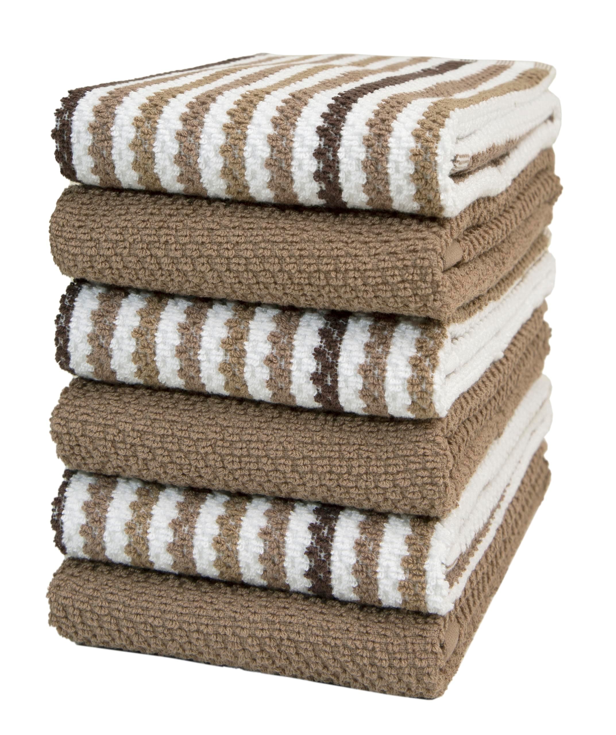 Premium Kitchen Towels (16”x 26”, 6 Pack) | Large Cotton Kitchen Hand Towels | Popcorn Striped Design | Dish Towels | 430 GSM Highly Absorbent Tea Towels Set with Hanging Loop | Tan
