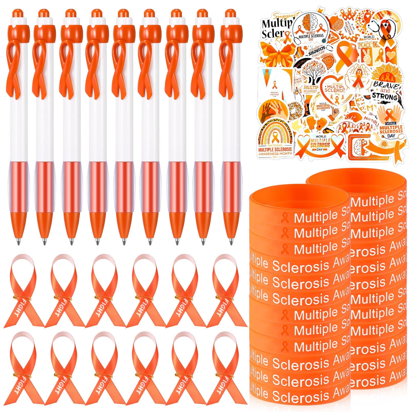 Zhanmai 250 Pcs Multiple Sclerosis Awareness Kit 50 Silicone Wristband Bracelet 50 Awareness Ribbon 50 Pins 50 Orange Ribbon Retractable Pen 50 Sclerosis Awareness Stickers for Charity Events Party