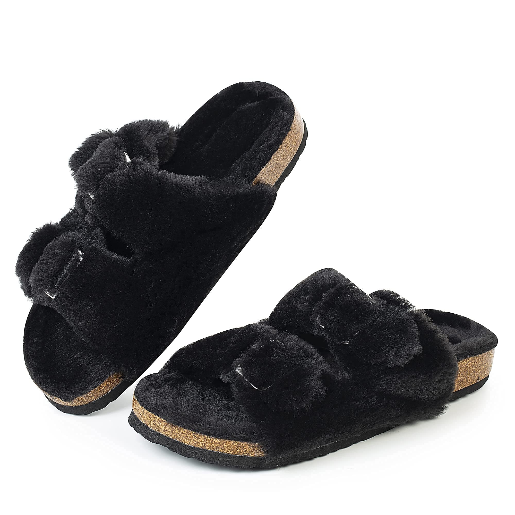 Womens Open Toe Slipper with Cozy Lining,Faux Rabbit Fur Cork Slide Sandals Size 6-11
