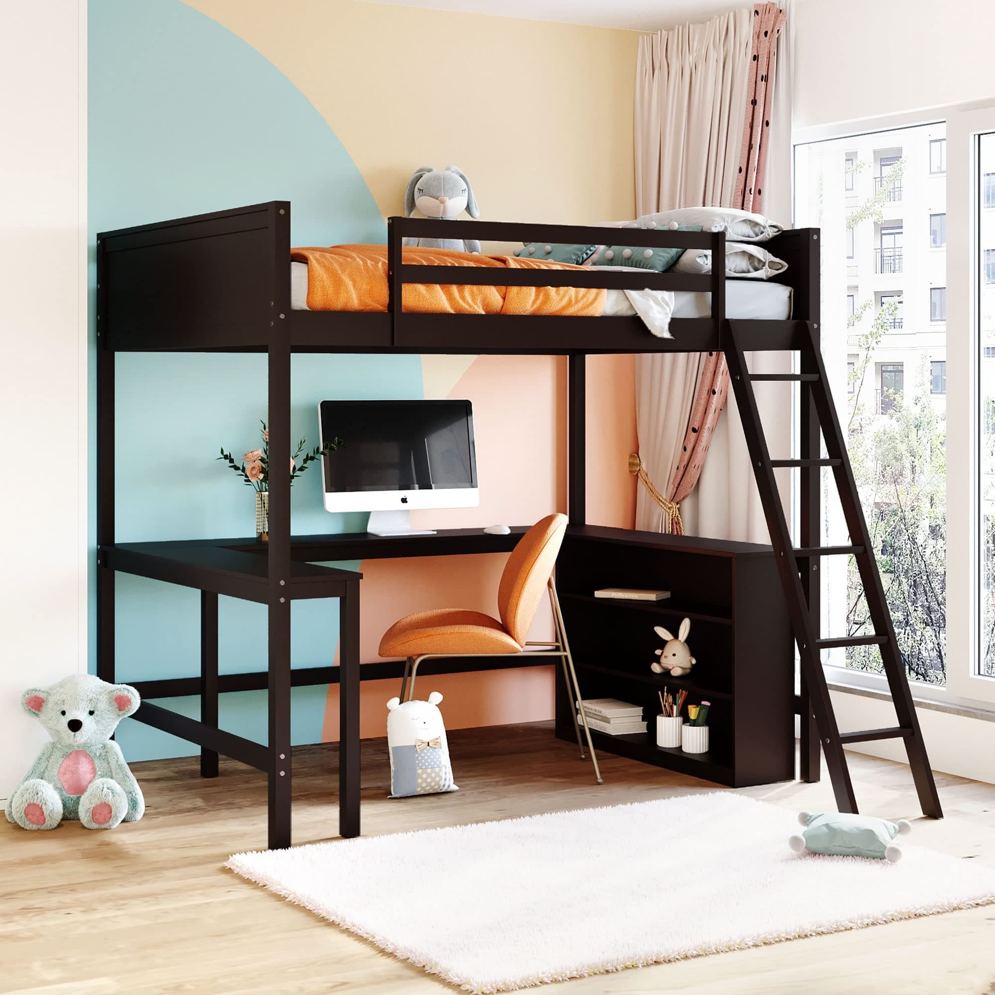 Merax Full Size Loft Bed with 3-Tier Shelves and Desk, Wooden Loft Bed for Kids, Space-Saving Bed Frame with Ladder, Desk, Full-Length Guardrail, Espresso