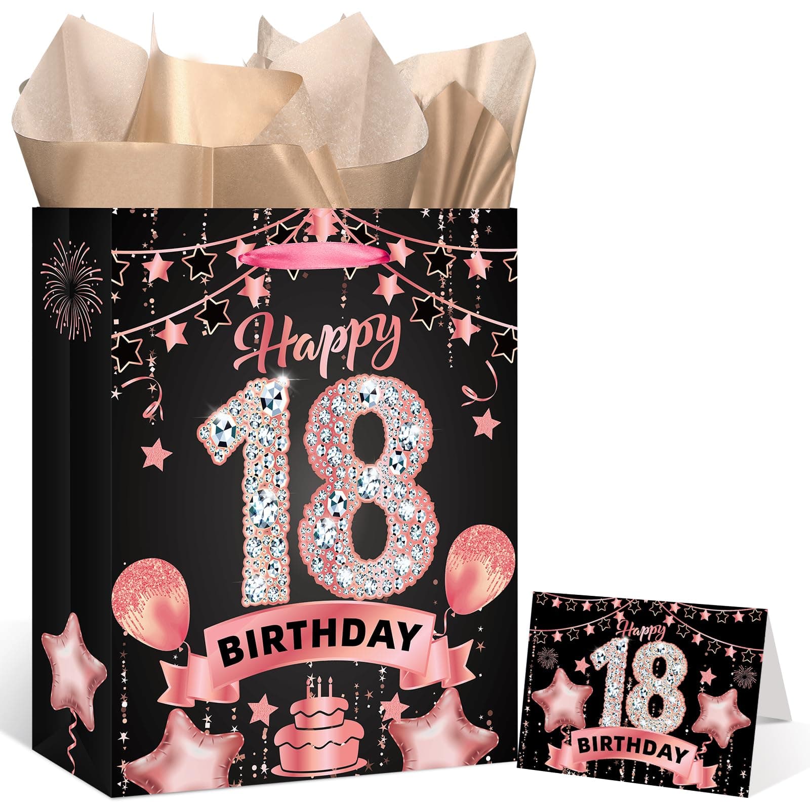 Rumia Rose Gold 18th Birthday Gift Bag with Happy 18th Birthday Greeting Card and Tissue Paper for Girls Rose Gold 18 Years Old Gift Wrap Bag for Christmas 18 Bday Party Decorations Supplies