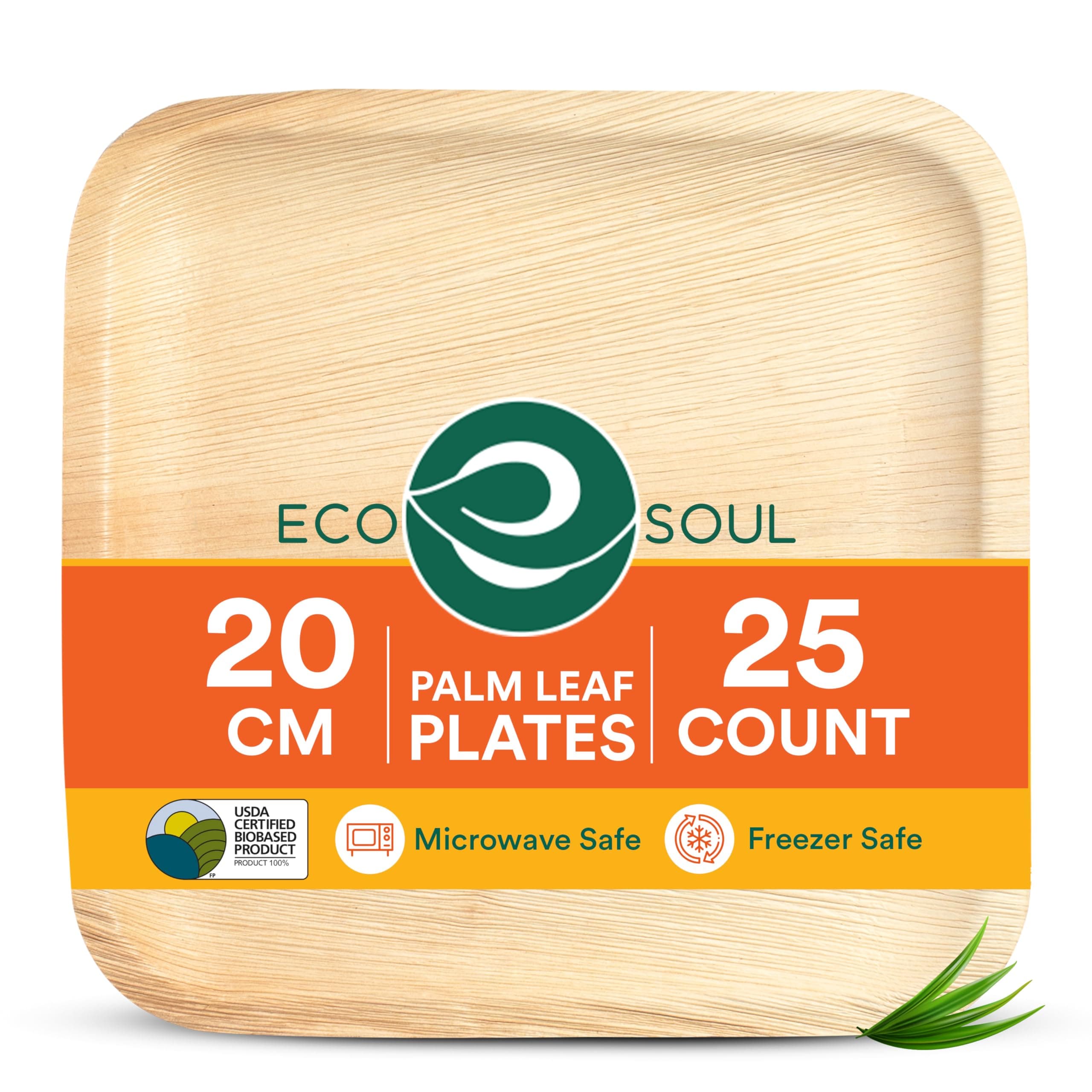 Palm Leaf Plates 8”(20cm) 25 Square Bamboo Plate I Eco Friendly, Biodegradable, Compostable Heavy-Duty Plate, Disposable Plates for Dinner, Party & Events