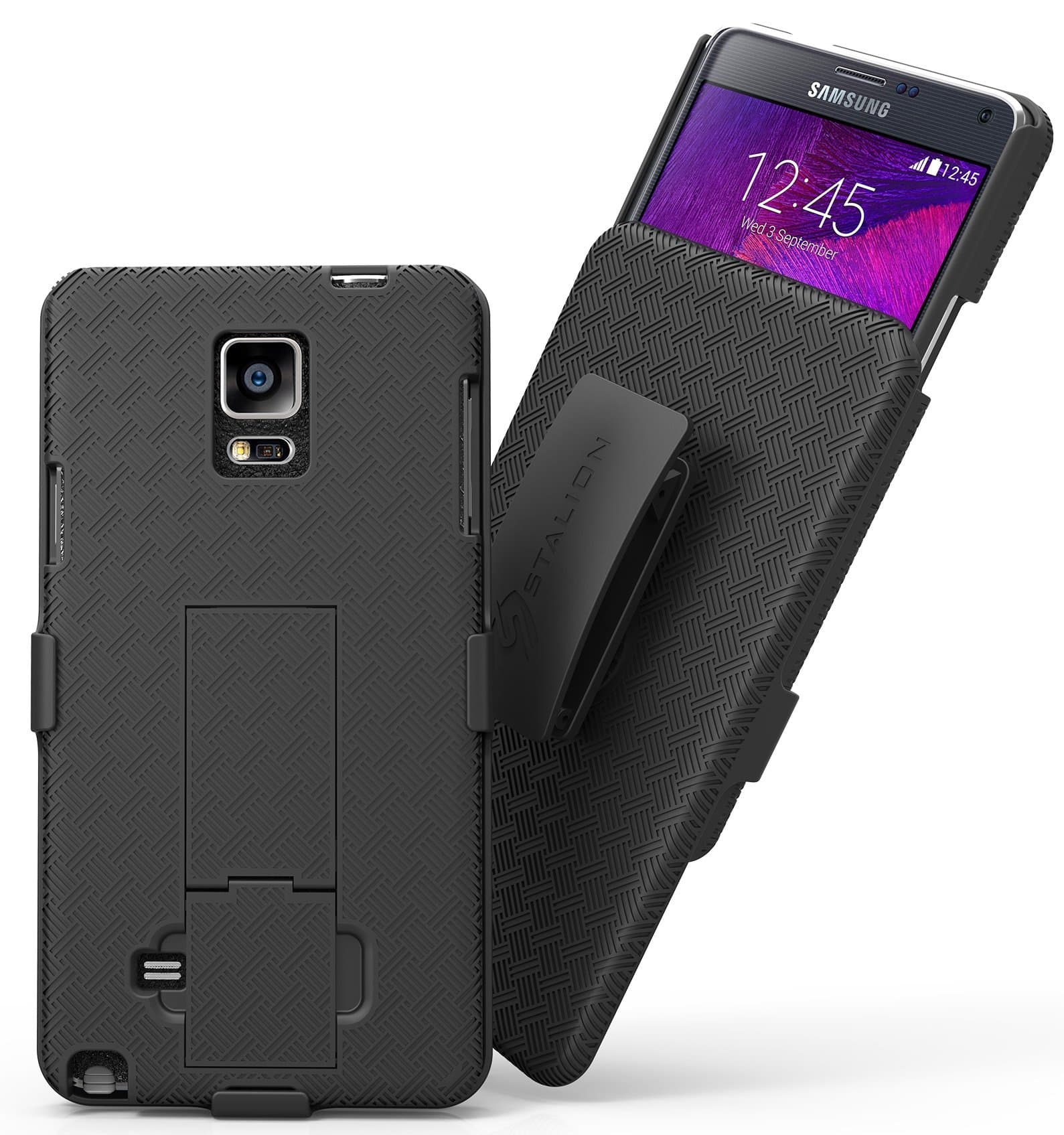 Galaxy Note 4 Holster: Stalion Secure Shell Case & Belt Clip Combo with Kickstand for Samsung Galaxy Note 4 (Jet Black) 180° Degree Rotating Locking Swivel + Shockproof Protection