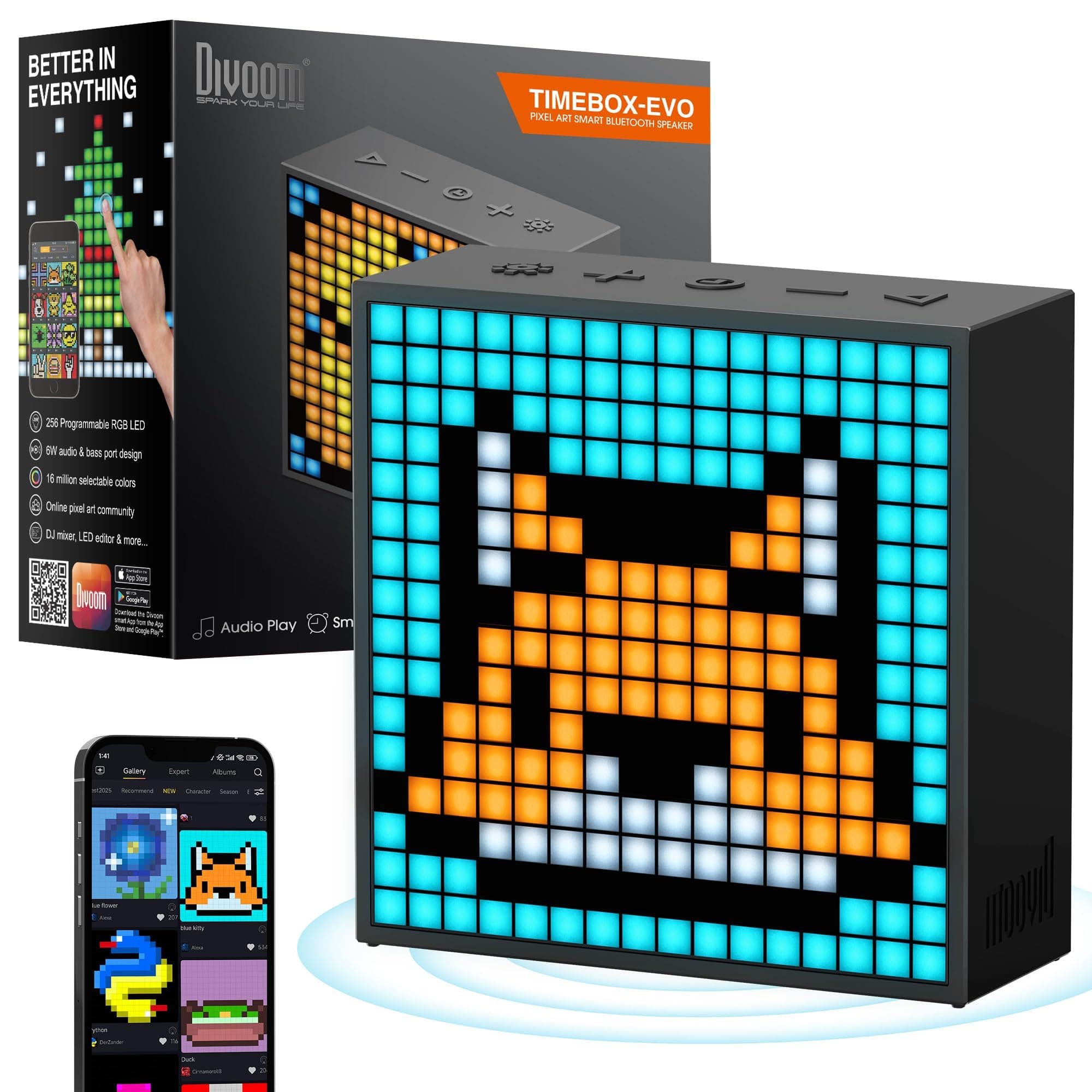 Divoom Timebox Evo Pixel Art Bluetooth Speaker with App Control, Creative LED Speaker & Alarm Clock, DIY Pixel Display, Perfect Thanksgiving & Xmas Present for Teens, Great for Christmas Decor