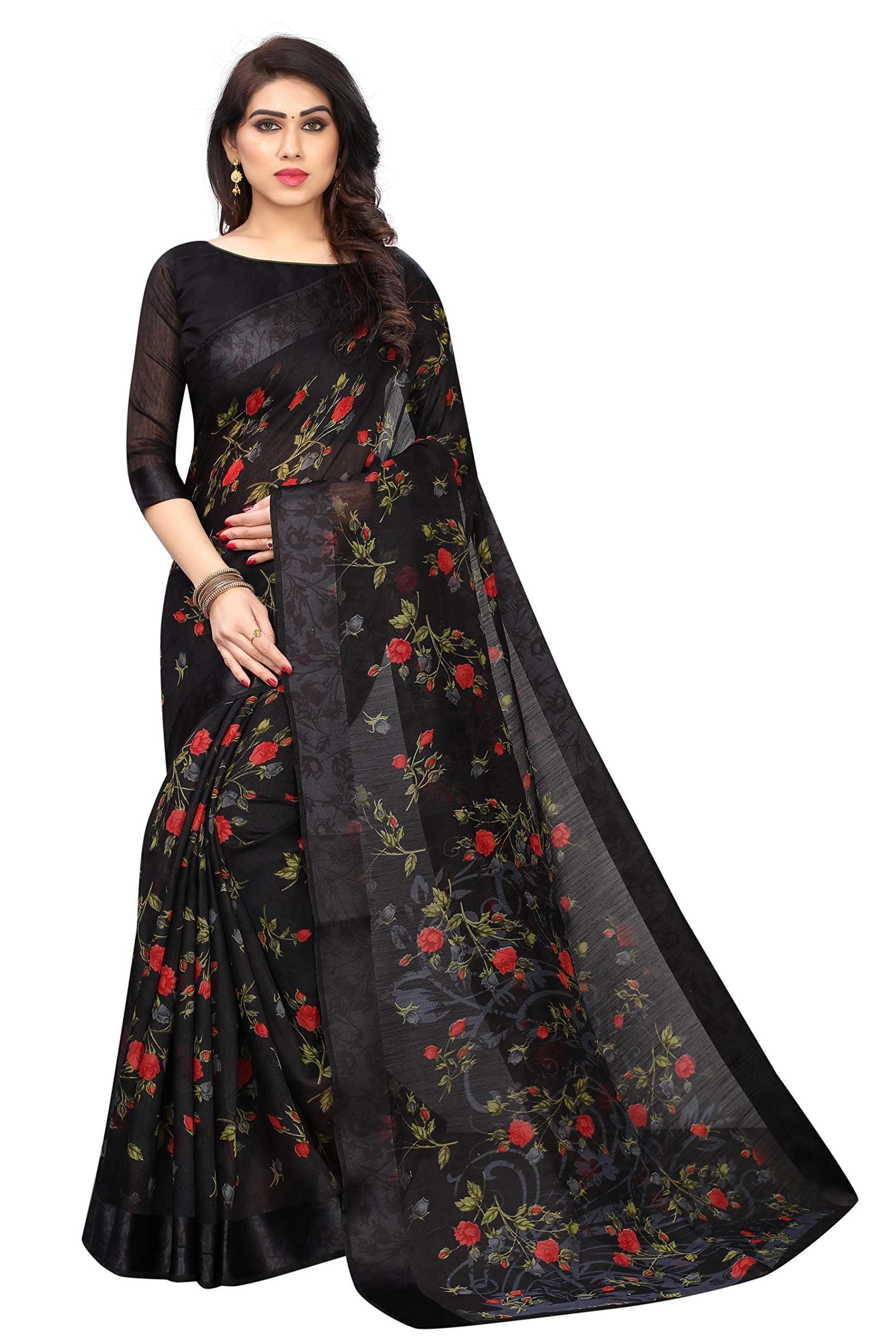 PERFECTBLUE Women's Digital Linen Blend Saree with Unstitched Blouse Piece