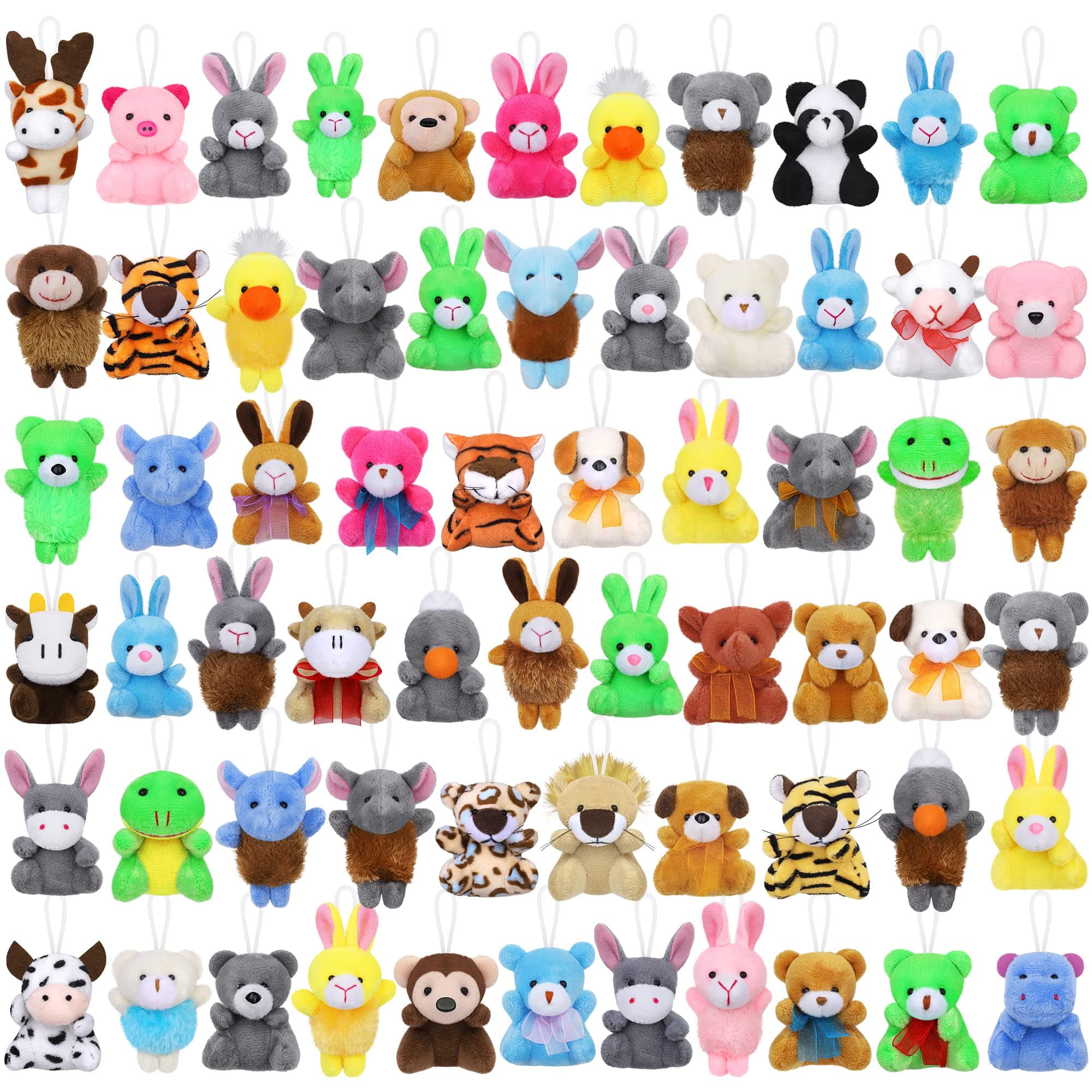 Fovths 64 Pieces Mini Plush Animals Toys Set Cute Small Stuffed Animal Keychain Jungle Animal Decor Goodie Bag Basket Fillers for Birthday Christmas Party