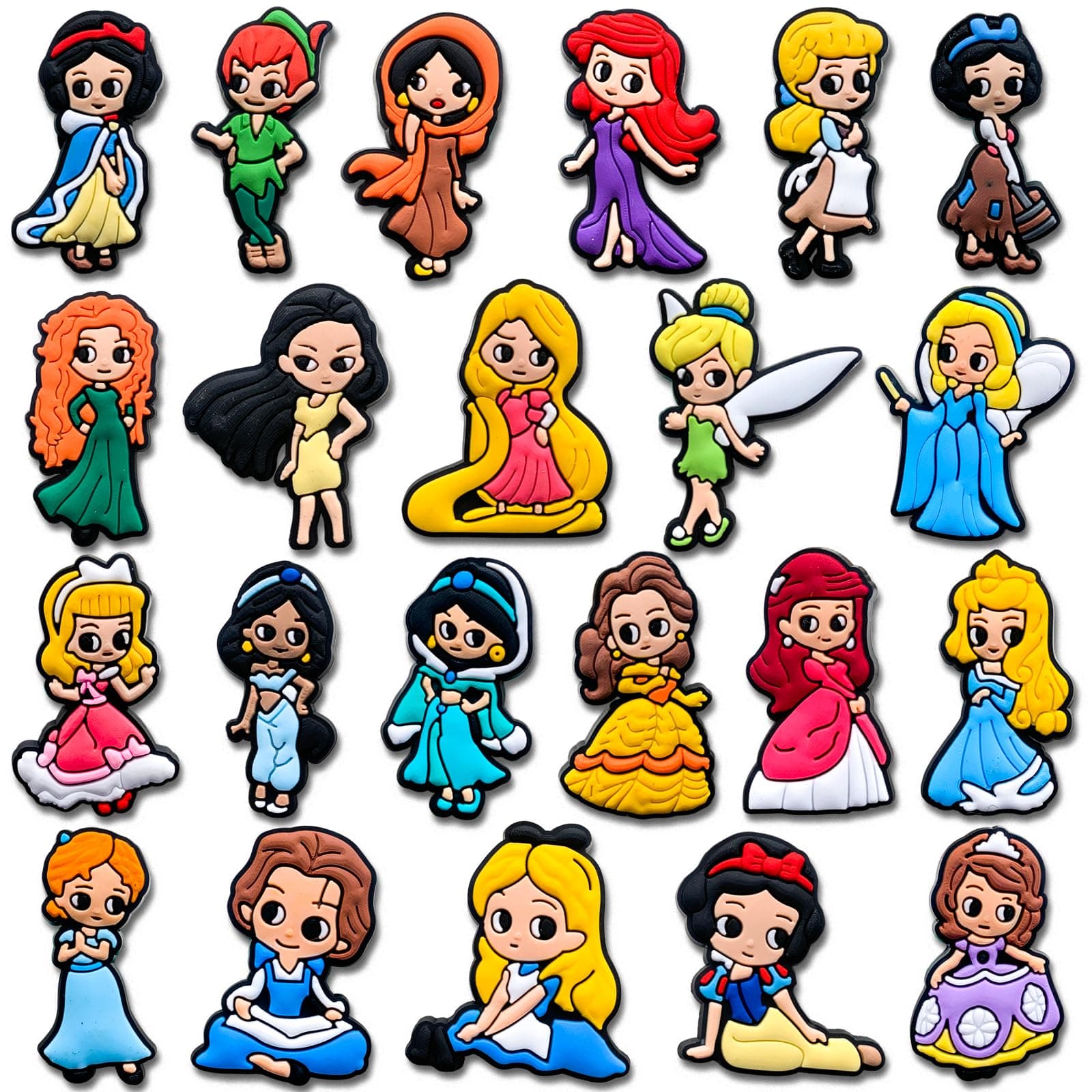 Tashrasia 22Pcs Princess Shoe Charms for Clogs Sandals Bracelet Wristband Slippers Water Shoes, Cartoon Princess Shoe Decoration Charms