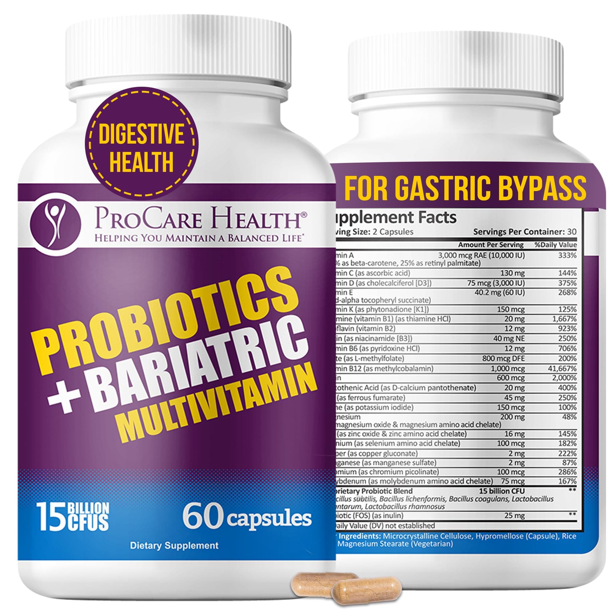 Probiotic Bariatric Multivitamin with Iron 45mg (60 Count) - 15 Billion CFU Bariatric Probiotic Fast Dissolving Veggie Capsules to Support Gut and Immune Health in Bariatric Patients