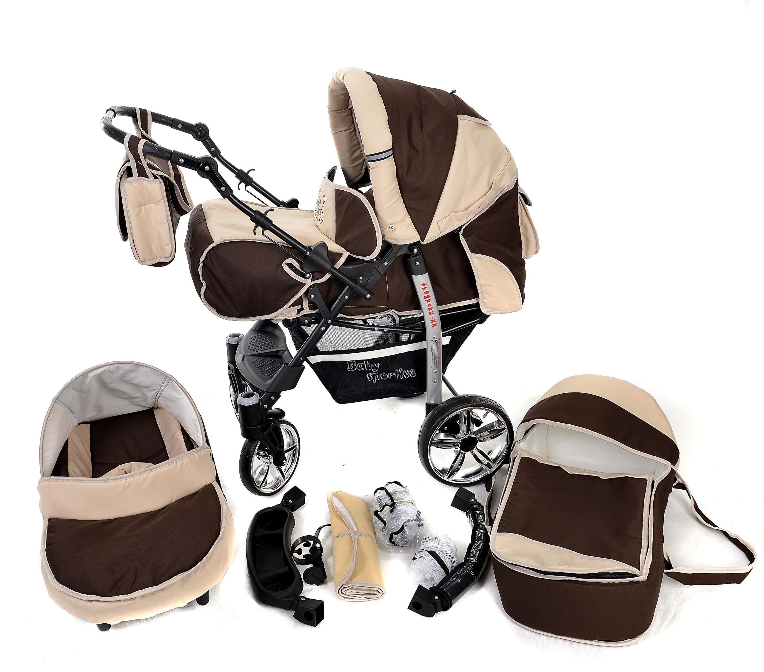 Sportive X2, 3-in-1 Travel System incl. Baby Pram with Swivel Wheels, Car Seat, Pushchair & Accessories (3-in-1 Travel System, Brown & Beige)