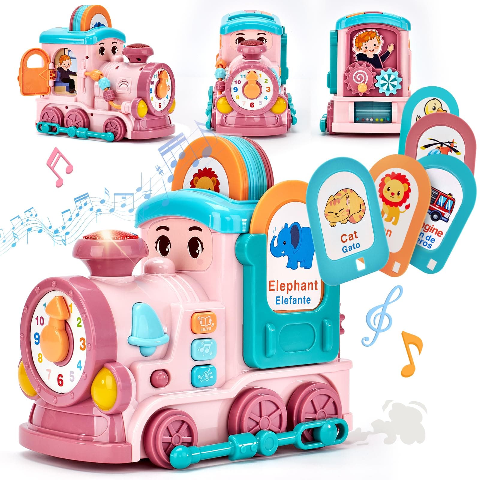 hahaland Musical Toy for Baby Girl Gifts，First Year Activity Musical Train with Talking Flash Cards Bilingual (EN/ES), Educational Learning Toys for Toddlers, Baby Toys 18-36 Months Girl Xmas Gifts