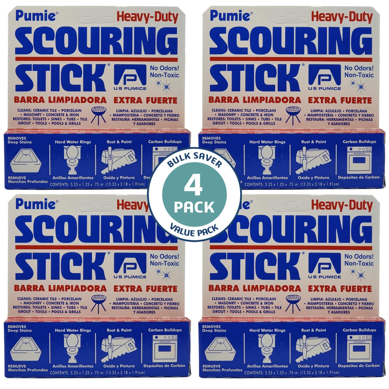 4-Pack PUMIE Heavy Duty Pumice Scouring Stick, Pumice Stone for Cleaning Tough Bathroom, Kitchen Stain, Grills, Pool, Scouring Stick for Cleaning Toilet Rings Stains, Hard Water Rings & Tiles Surfaces