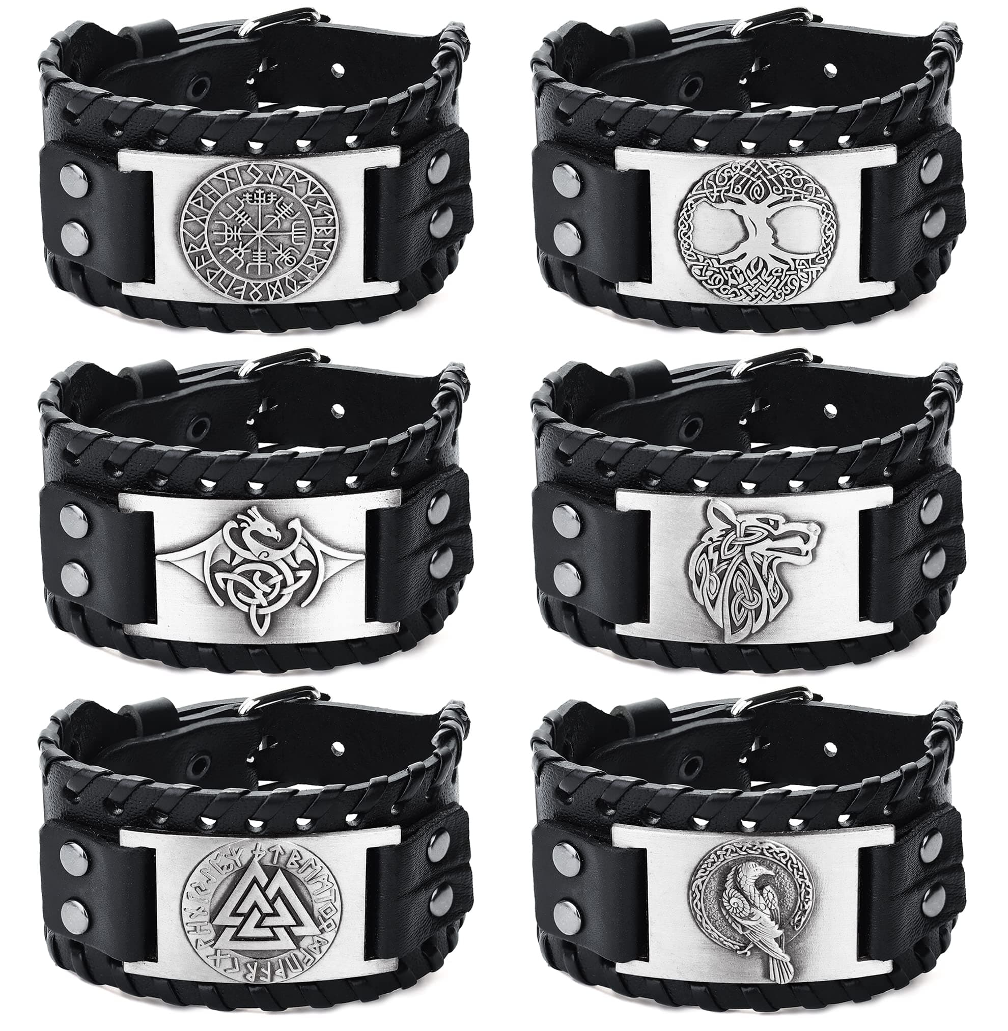 sailimue 6Pcs Viking Bracelet for Men Punk Wide Leather Cuff Bracelet Viking Jewelry Men Nordic Bracelet with Runic Compass Wolf Fenrir-Celtic Pagan Jewelry of Talisman, Leather, Cubic Zirconia