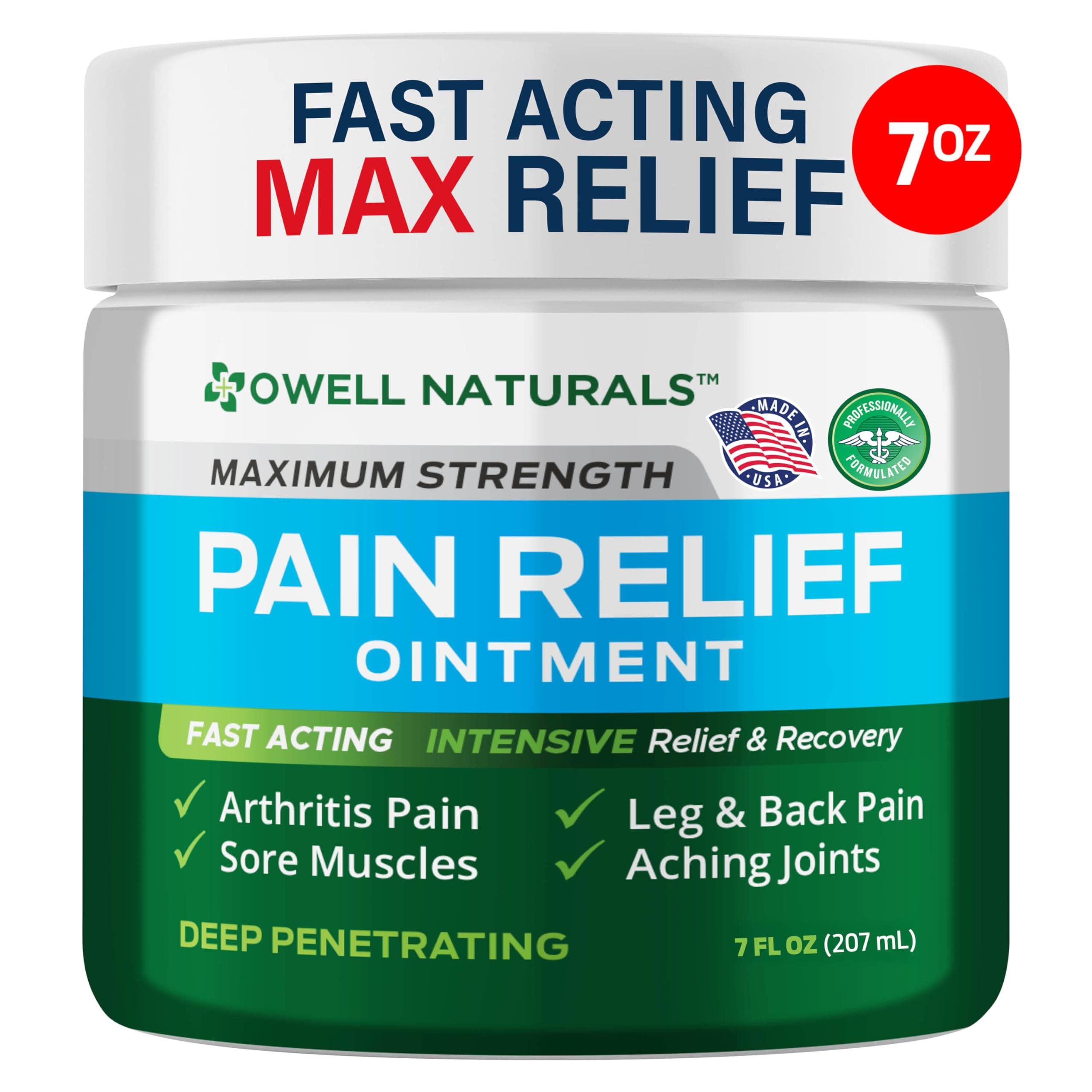 Deep Penetrating Pain Relief Ointment, Natural Cream Fast Acting Formula for Back, Knee, Joint & Muscle Discomfort, Long-Lasting Soothing Balm, 7 oz