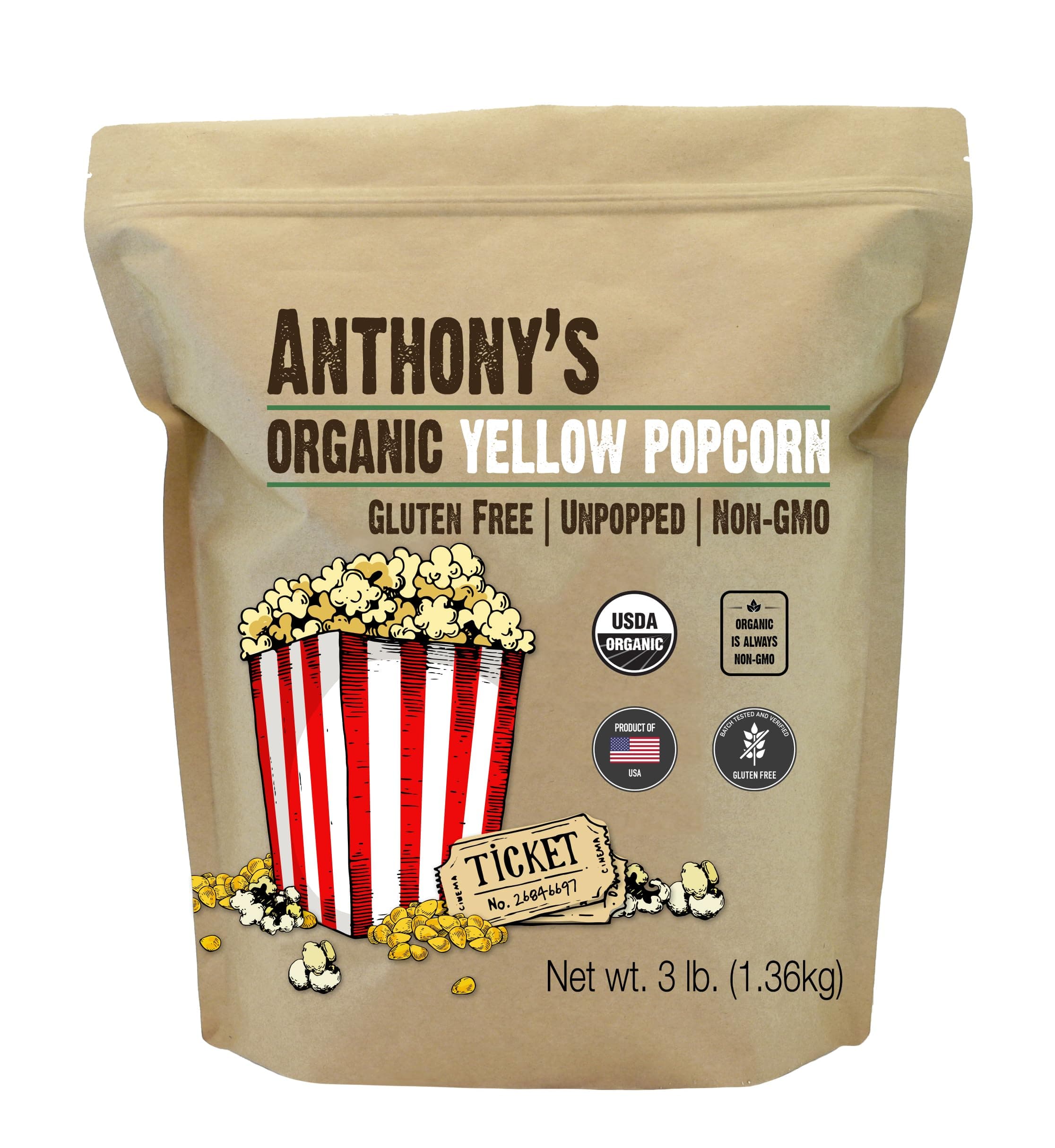 Anthony's Organic Yellow Popcorn Kernels, 3lbs, UnPopped, Gluten Free, Non GMO