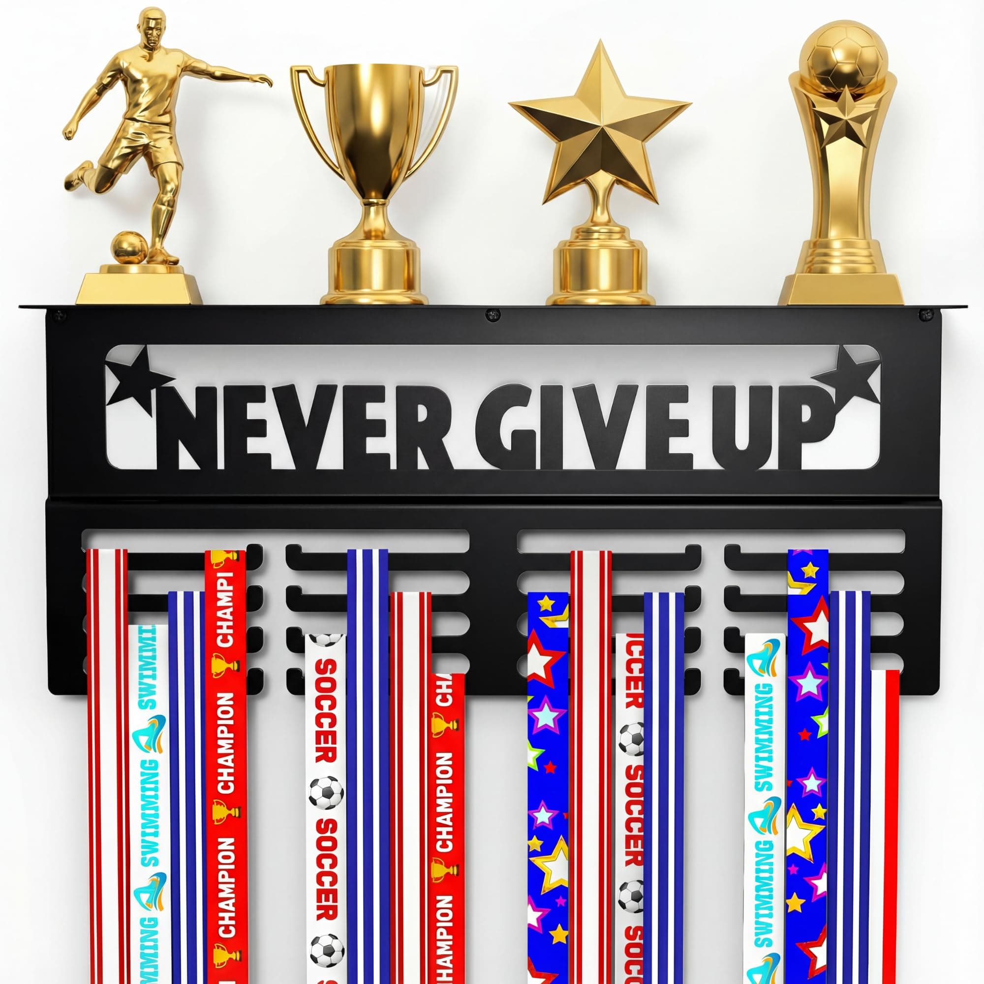 Medal Hanger Display with Trophy Shelf - Metal Awards Rack for Walls Holds 64+ Sports Medals- Never Give Up 16" Medal Holder 4 Rows of Hanger Space and Deep 4" Shelf