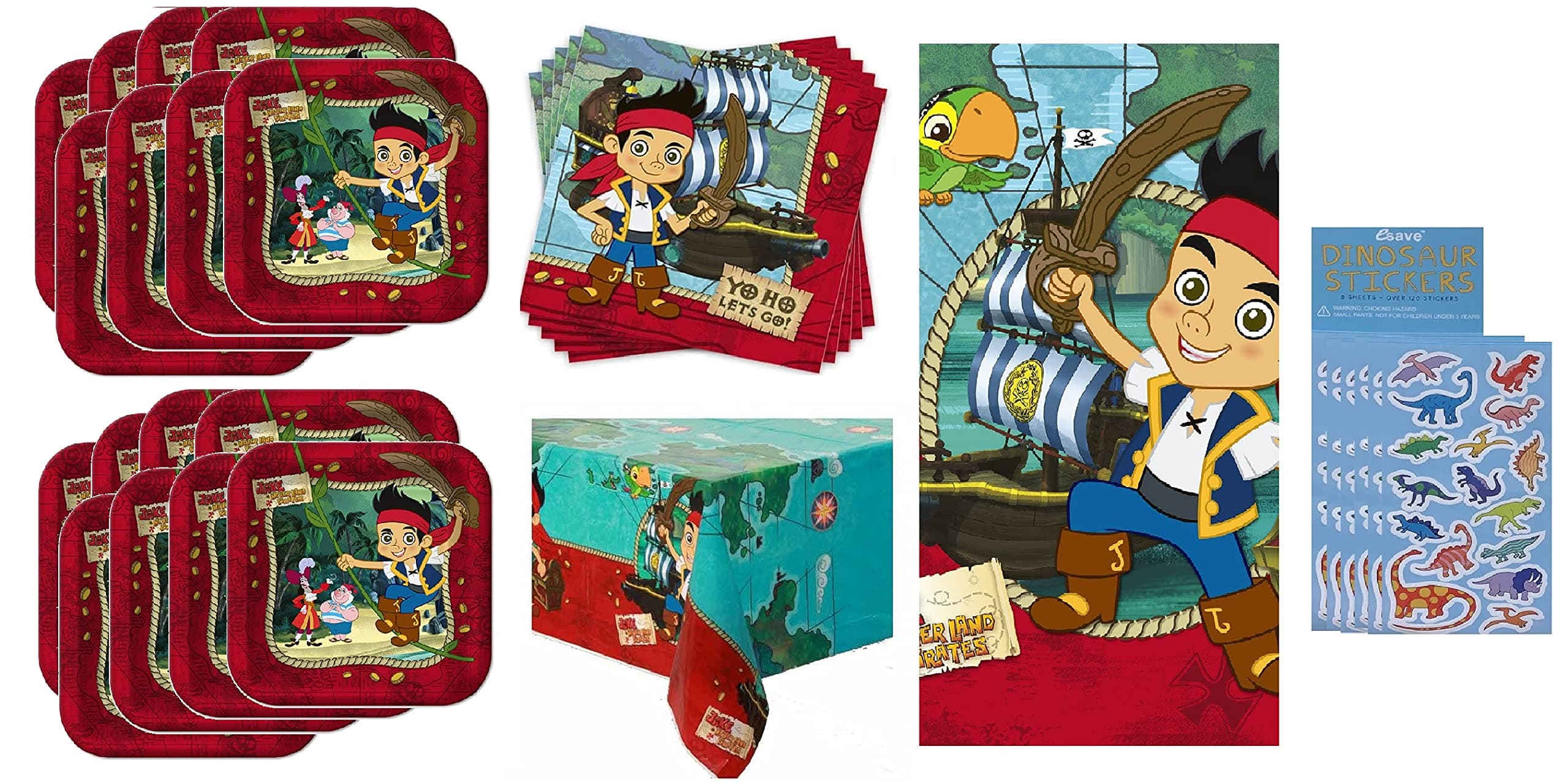 Jake and the Neverland Pirates Birthday Party Supplies Bundle for 16 includes Dessert Cake Plates, Napkins, Table Cover, Dinosaur Stickers