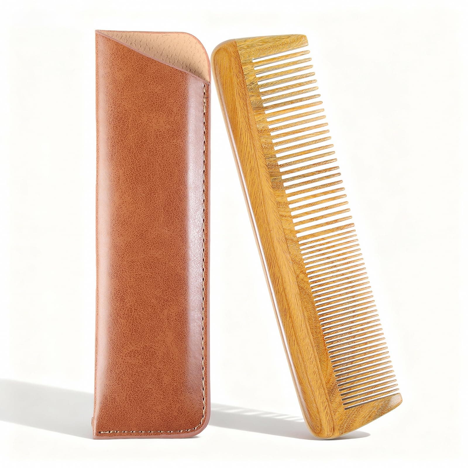 Handmade 100% Natural Green Sandalwood Hair Combs - Anti-Static Sandalwood Scent Natural Hair Detangler Wooden 2 in 1 Comb (Fine with Wide Tooth)