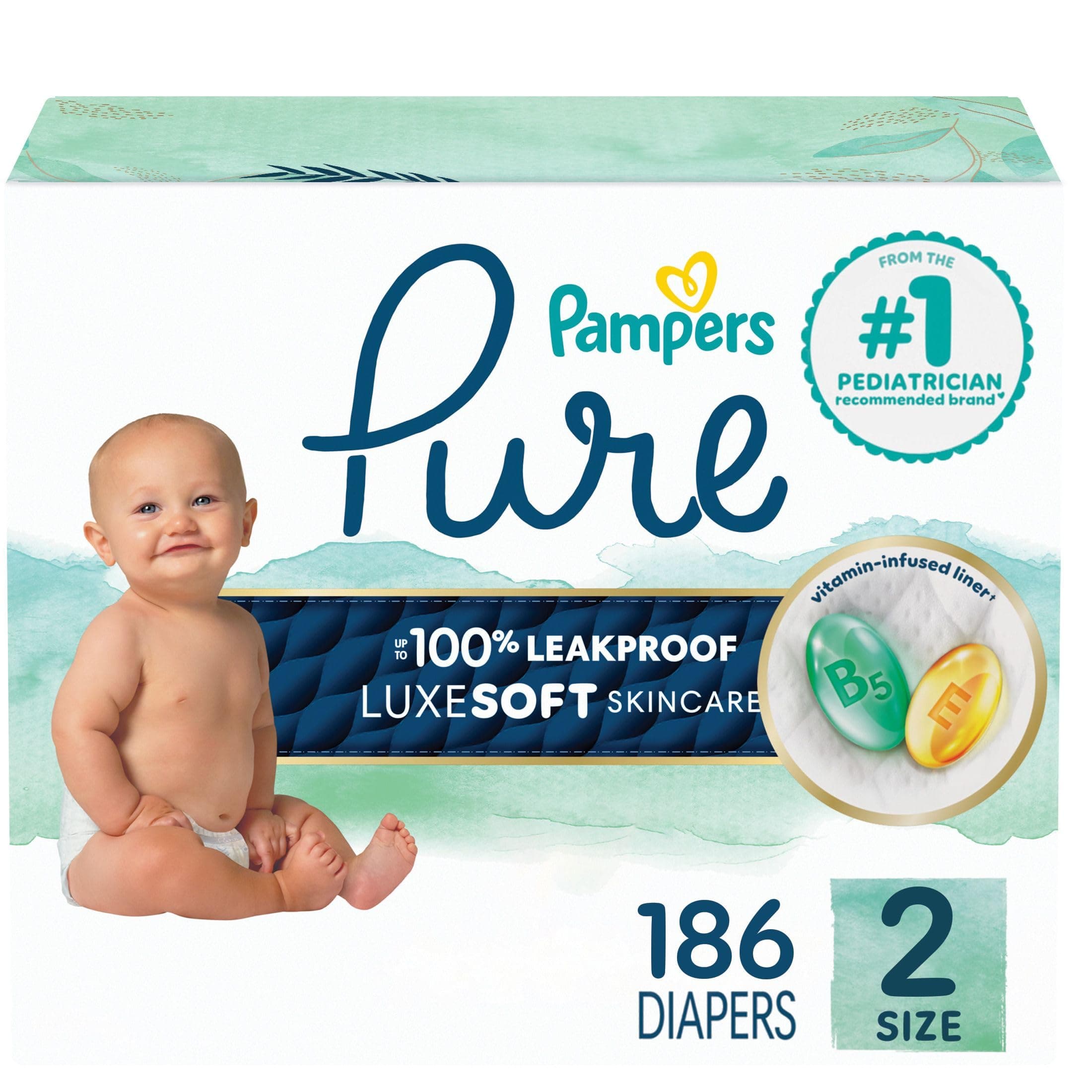 Pampers Pure Baby Diapers, Size 2 (12-18 lbs), 186, Up to 100% Leakproof, Premium Hypoallergenic Soft Diapers