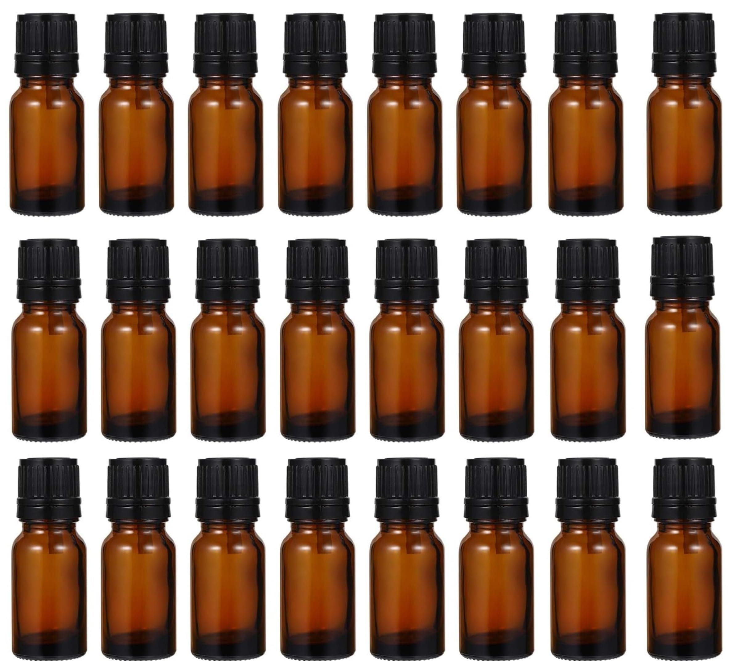 Empty Amber Glass Bottle 10 ml, Set of 24 with Leak Proof Euro Dropper Black Cap Ideal to Store Essential Oils, Medicines & Refillable