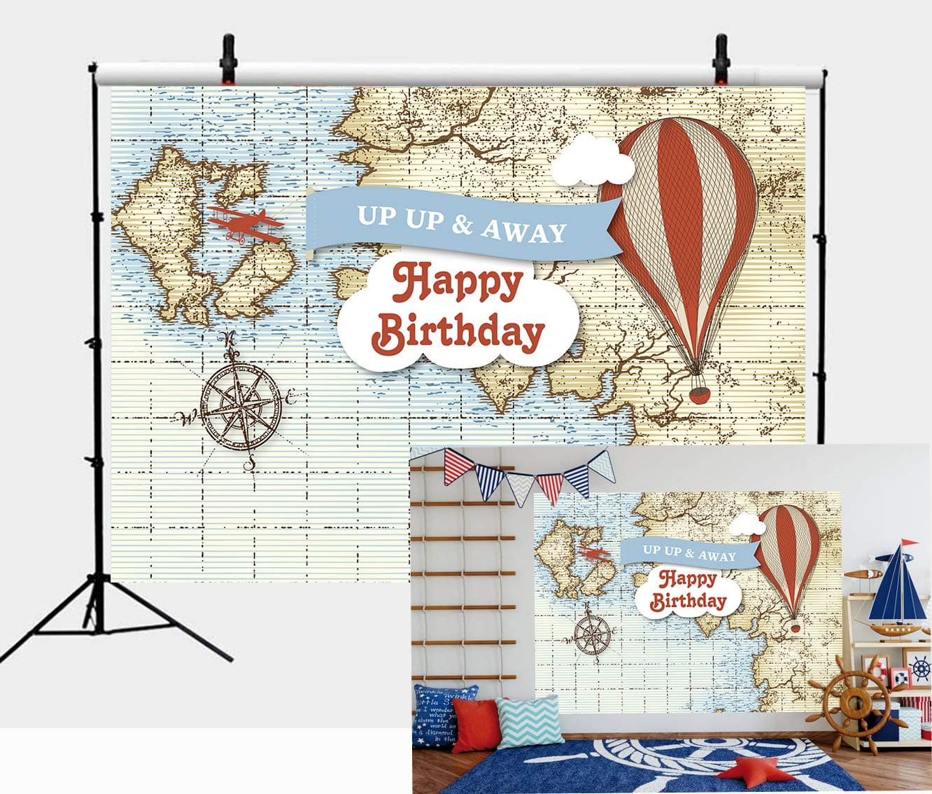 Botong 7x5ft Hot Air Balloon Adventure Awaits Theme Map Balloon Backdrop Birthday Party Airplane Vintage Nautical Compass Map Photography Background Boy Baby Shower Kids Carnival Party Banner