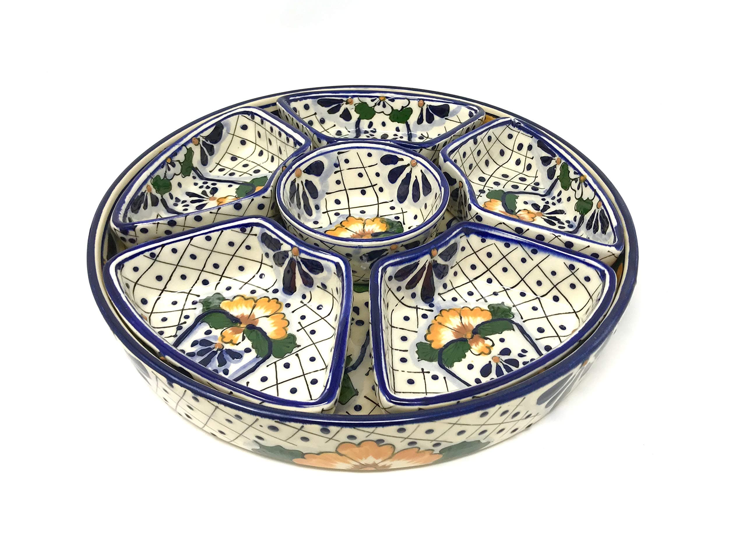 12 inch Mexican Talavera Ceramic Taco Platter with Six Nesting Salsa Bowls