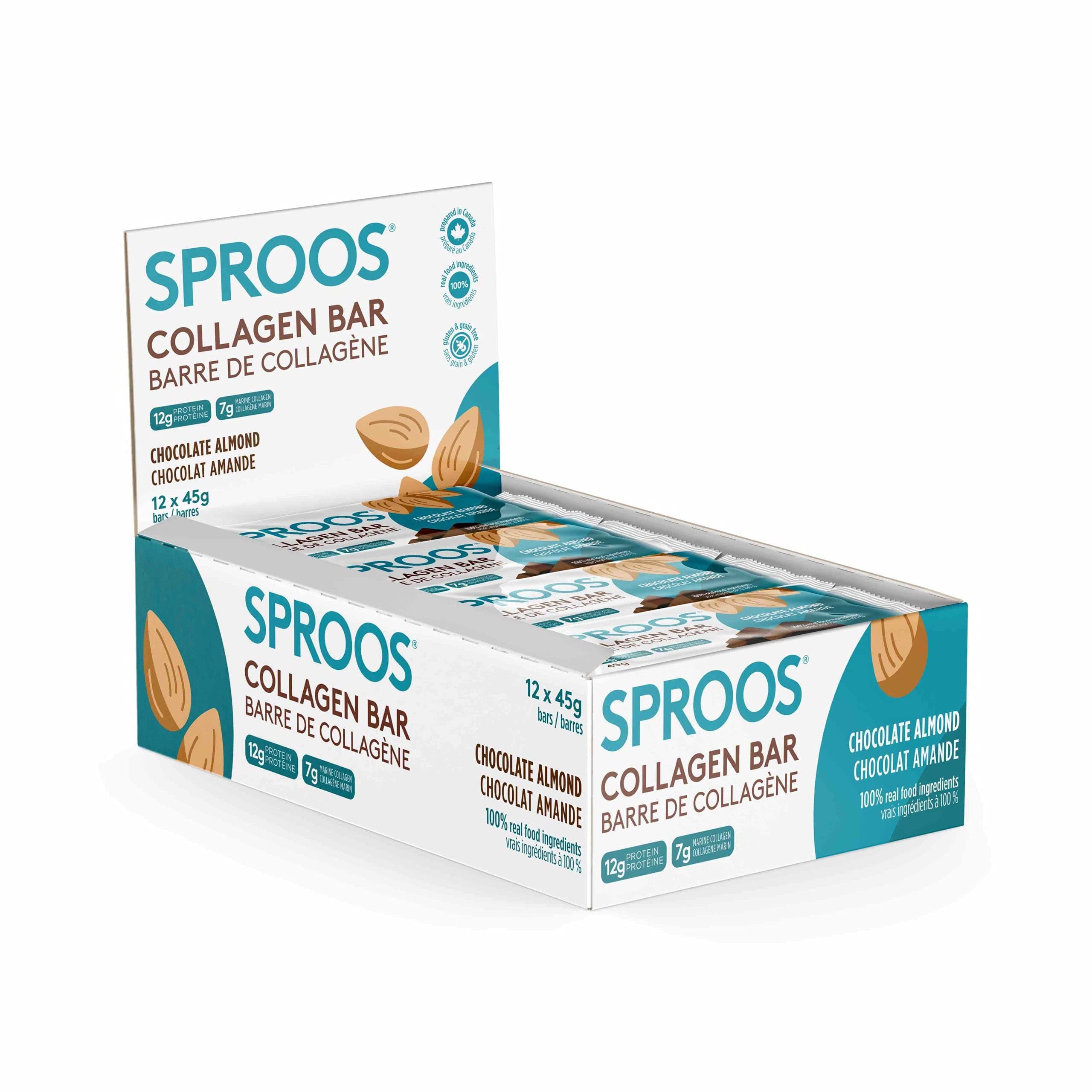 SPROOS Collagen Protein Bar|Chocolate Almond|12 pack Paleo Protein Bars|Gluten Free Low Carb Bars with Premium Marine Collagen Powder and 100% Real Food Ingredients,Responsibly Sourced