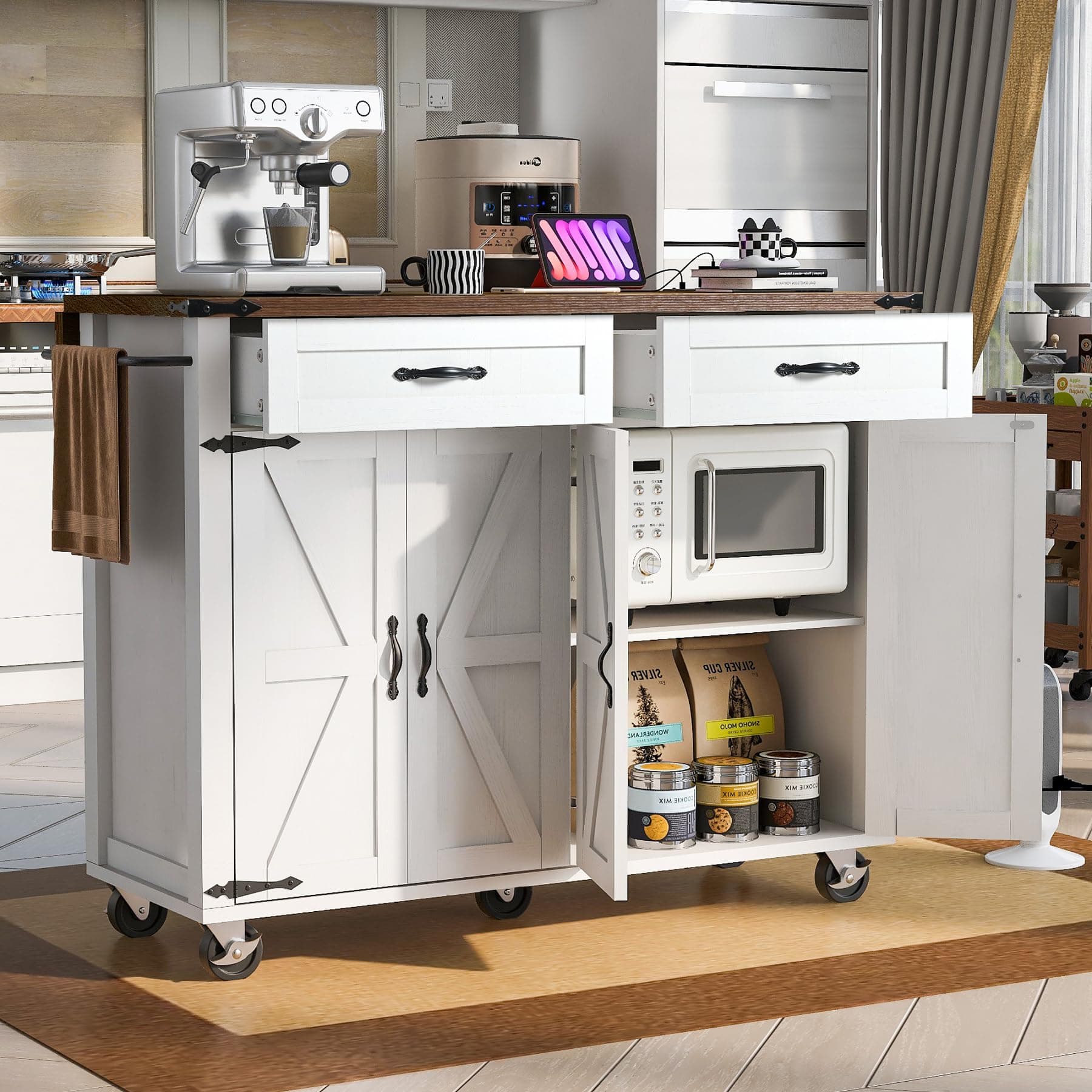 Portable Kitchen Island Cart with Drop Leaf, Power Outlet, Rolling Farmhouse Kitchen Carts on Wheels with 2 Storage Drawers, Spice Rack, Towel Holder, 4 Doors&Adjustable Shelves (White-1)