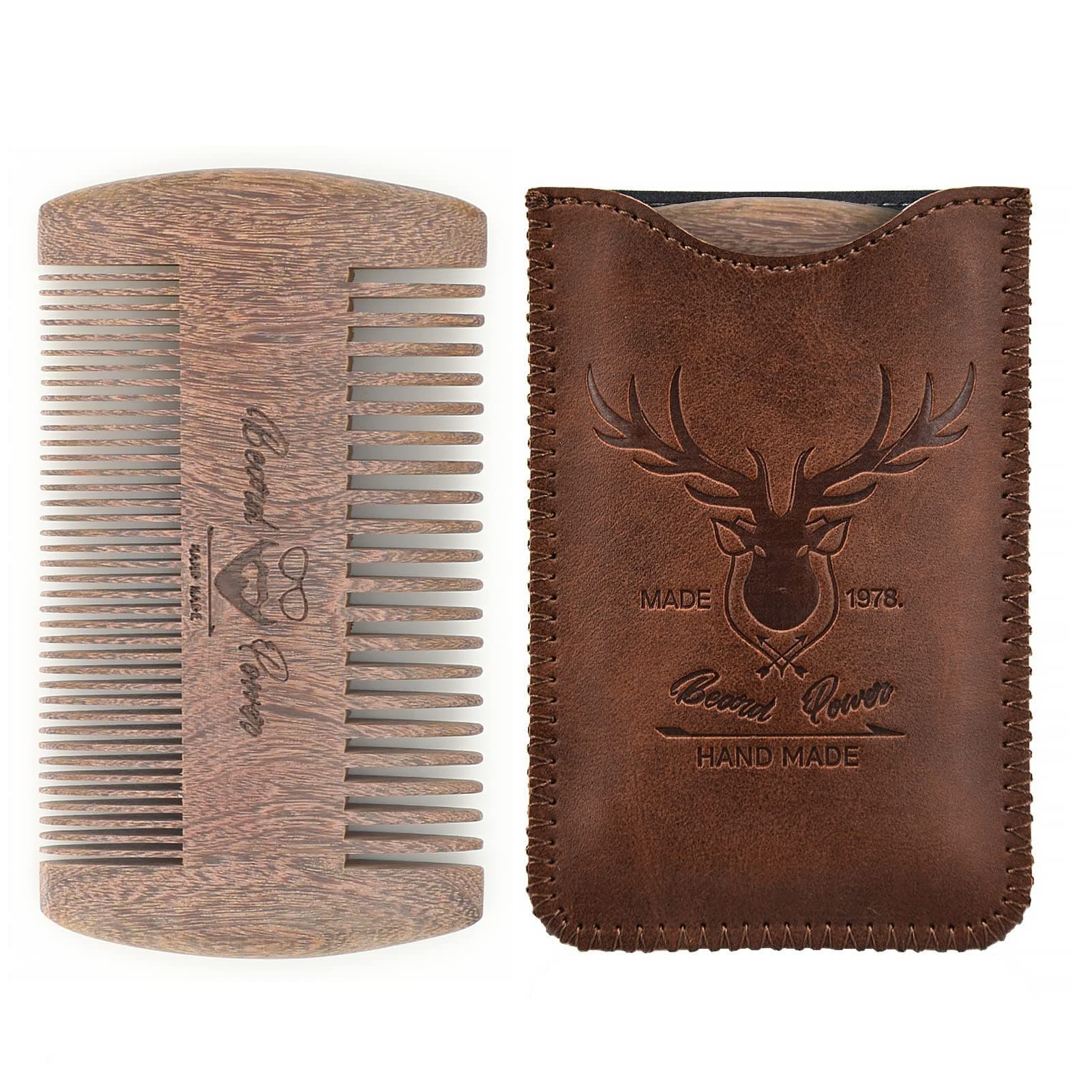 Sandalwood Beard Comb with Case - Fine & Coarse Teeth, Wooden Pocket Comb for Beards, Mustaches & Hair, Brown Skull Design
