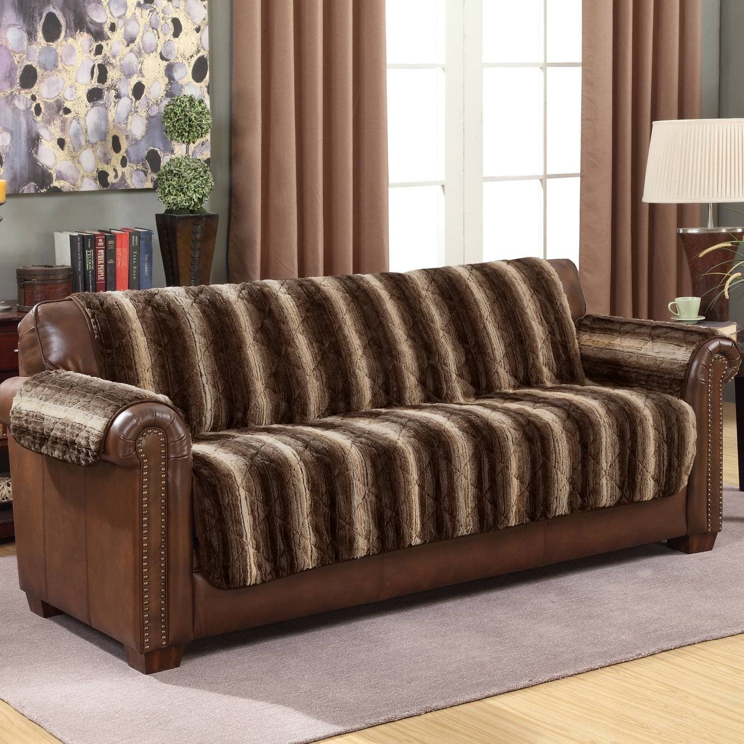 Wag and Wiggle Reversible Luxury Faux Fur Plush Furniture Cover Sofa, Pumice Stone